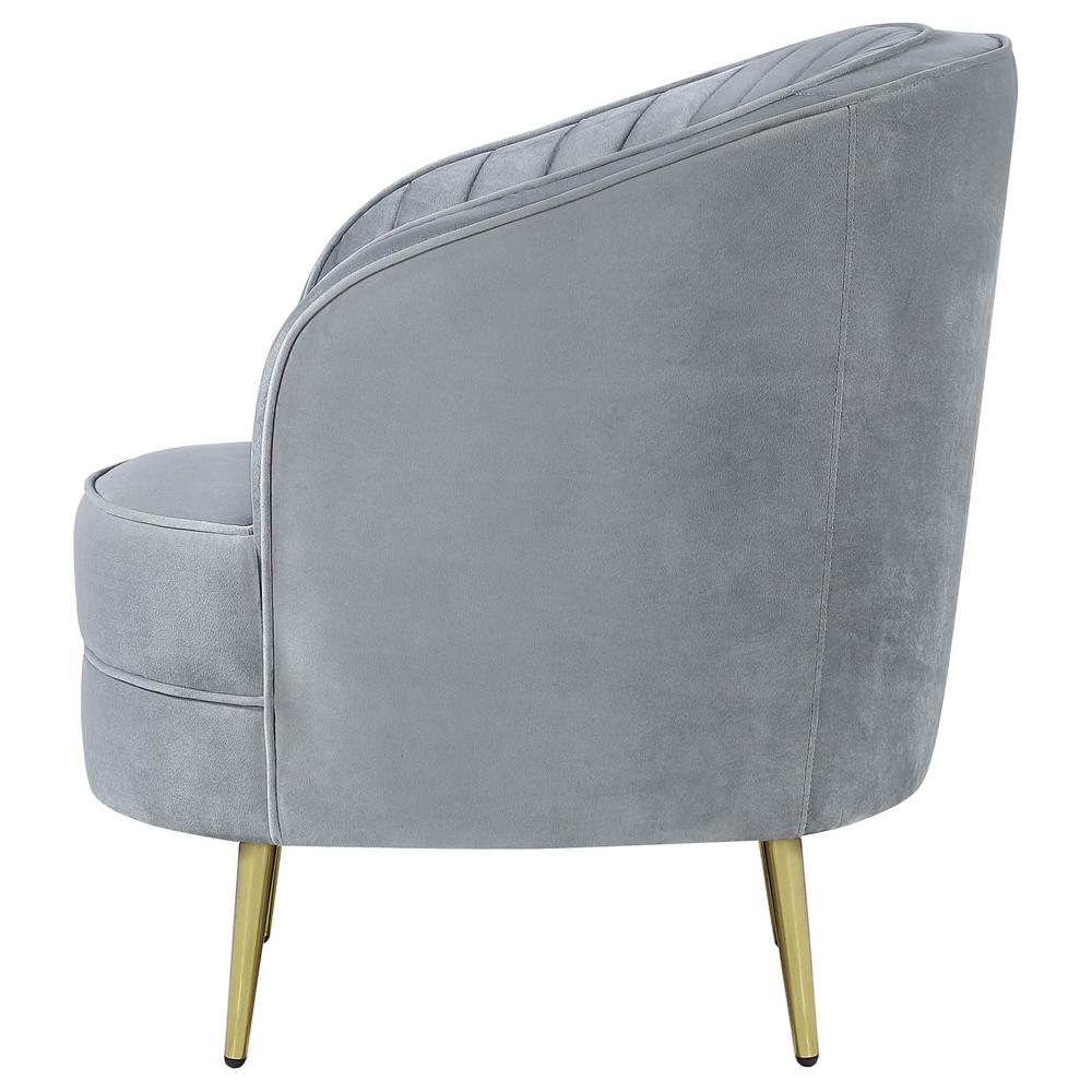 Grey Sophia upholstered channel tufted barrel accent chair from Start2Finish, showcasing its plush fabric and stylish rounded design.