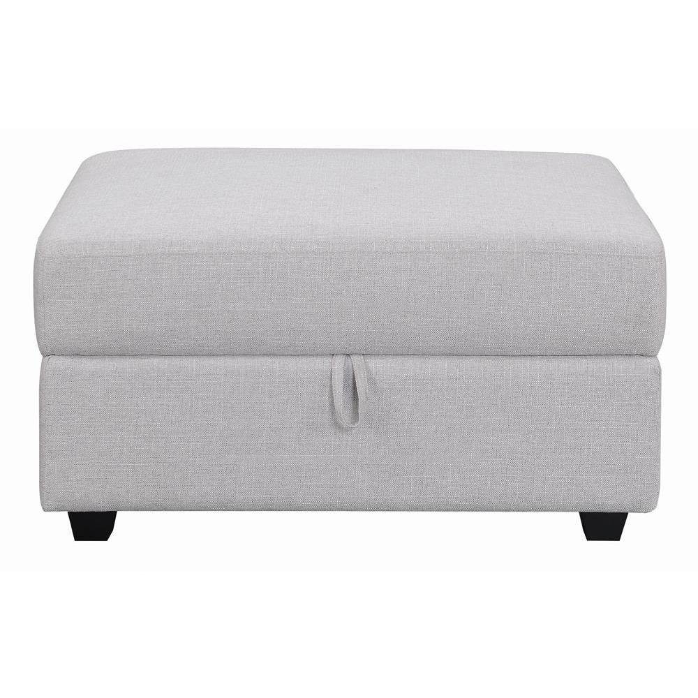 Gray Cambria Square Upholstered Storage Ottoman by Start2Finish, showing soft fabric, cushioned top, and built-in storage space.