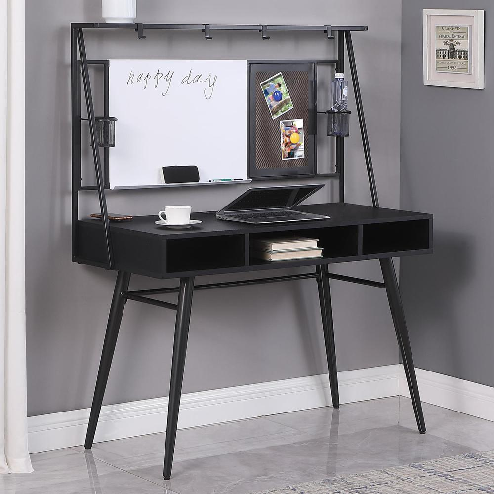 Start2Finish Jessie 47-inch black writing desk with built-in whiteboard and USB port, shown with smooth surface and modern design.