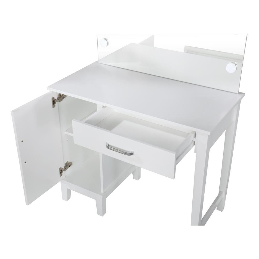 Start2Finish Elijah vanity set with lighting, white finish, dark grey stool, and mirror for makeup and grooming.