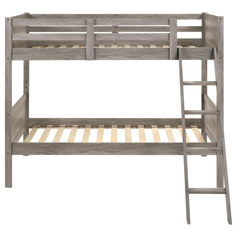Weathered taupe Ryder Wood twin over twin bunk bed by Start2Finish, showcasing sturdy wooden construction and classic design.