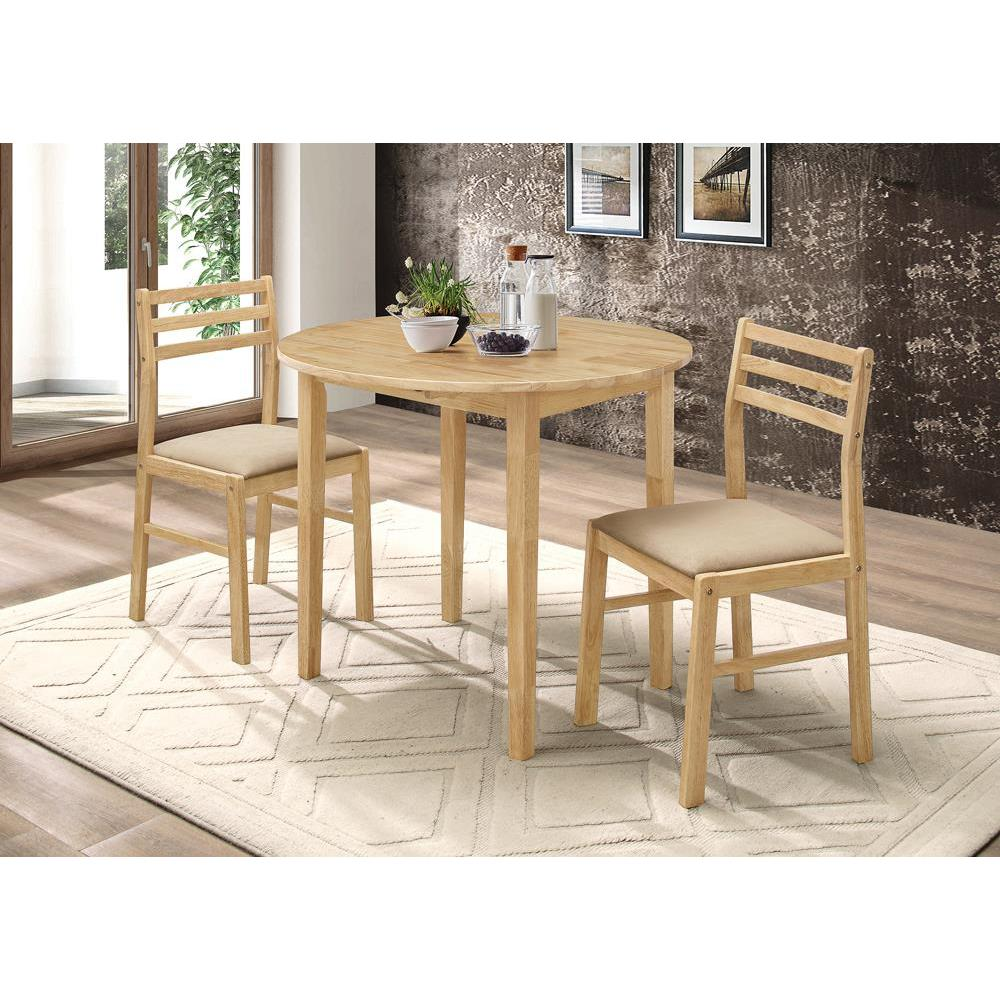 Start2Finish Bucknell 3-piece round drop leaf dining table set in natural wood with matching chairs and table.