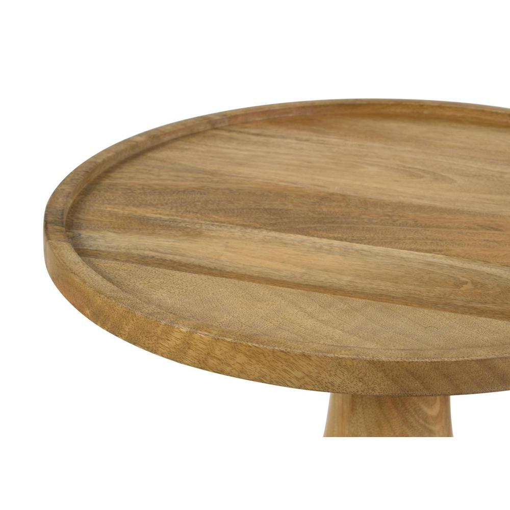 Round solid mango wood accent side table with natural finish, showcasing smooth surface and sturdy legs for stylish furniture.