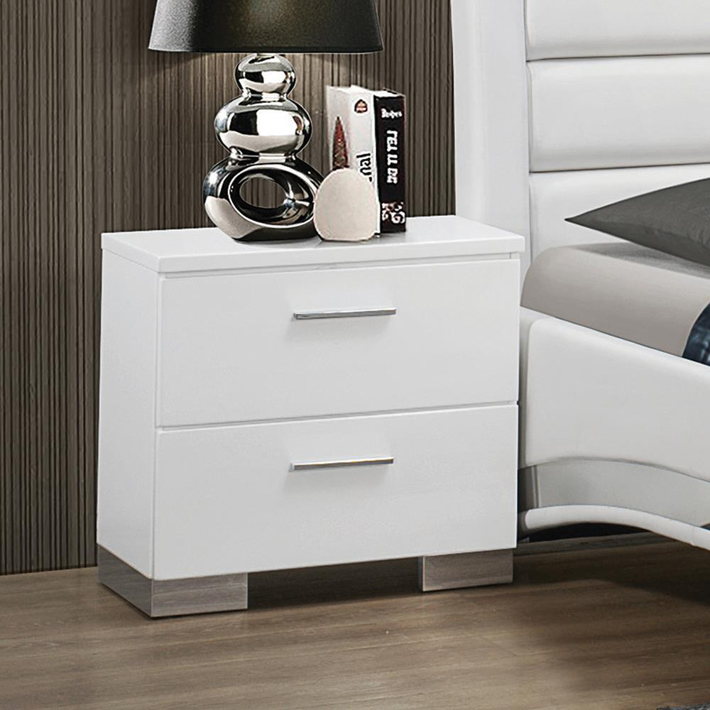 Start2Finish Felicity 2-drawer nightstand in white high gloss with sleek modern design and silver handles.