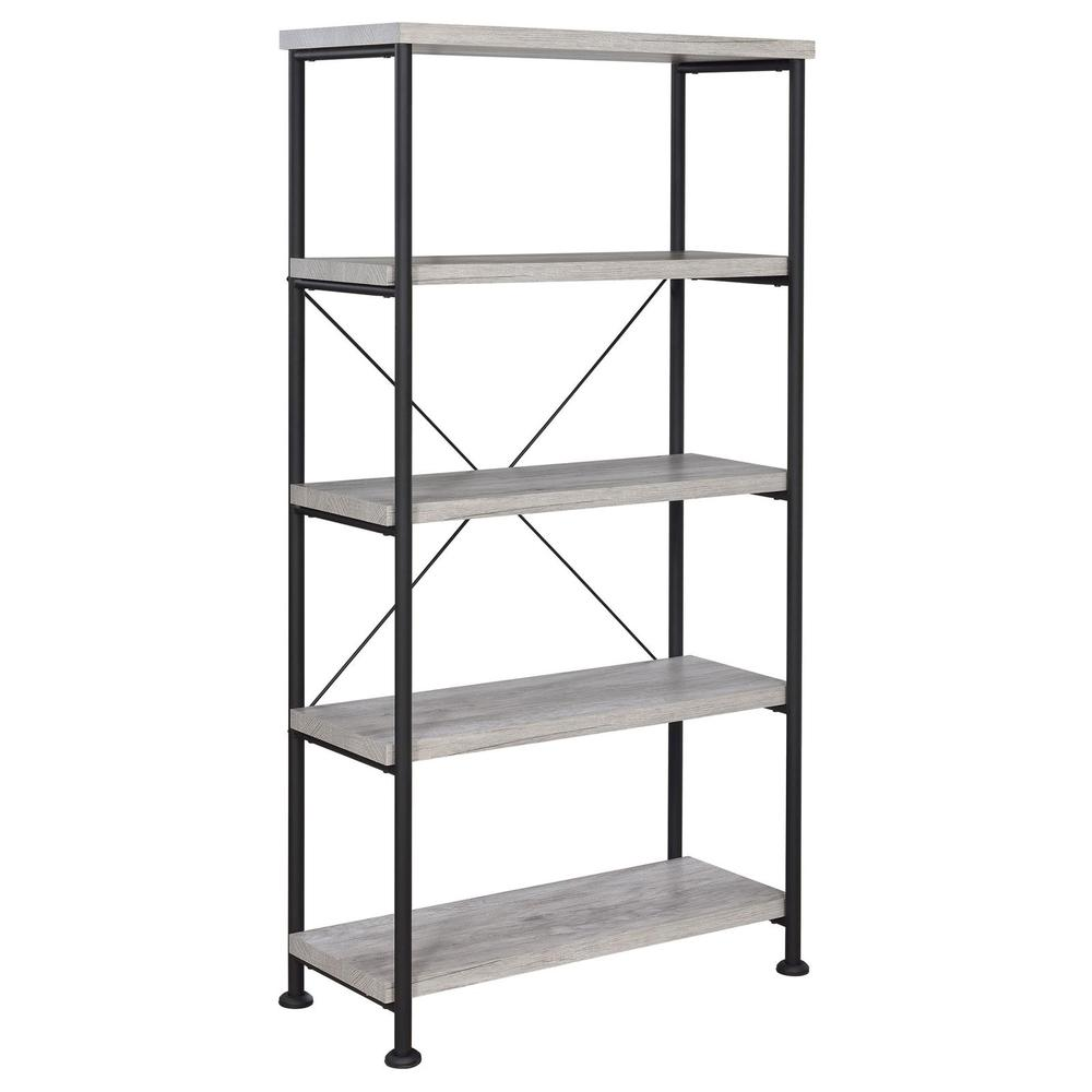Start2Finish Analiese 63-inch grey driftwood bookshelf with four shelves, showcasing a modern furniture piece with a sleek design.