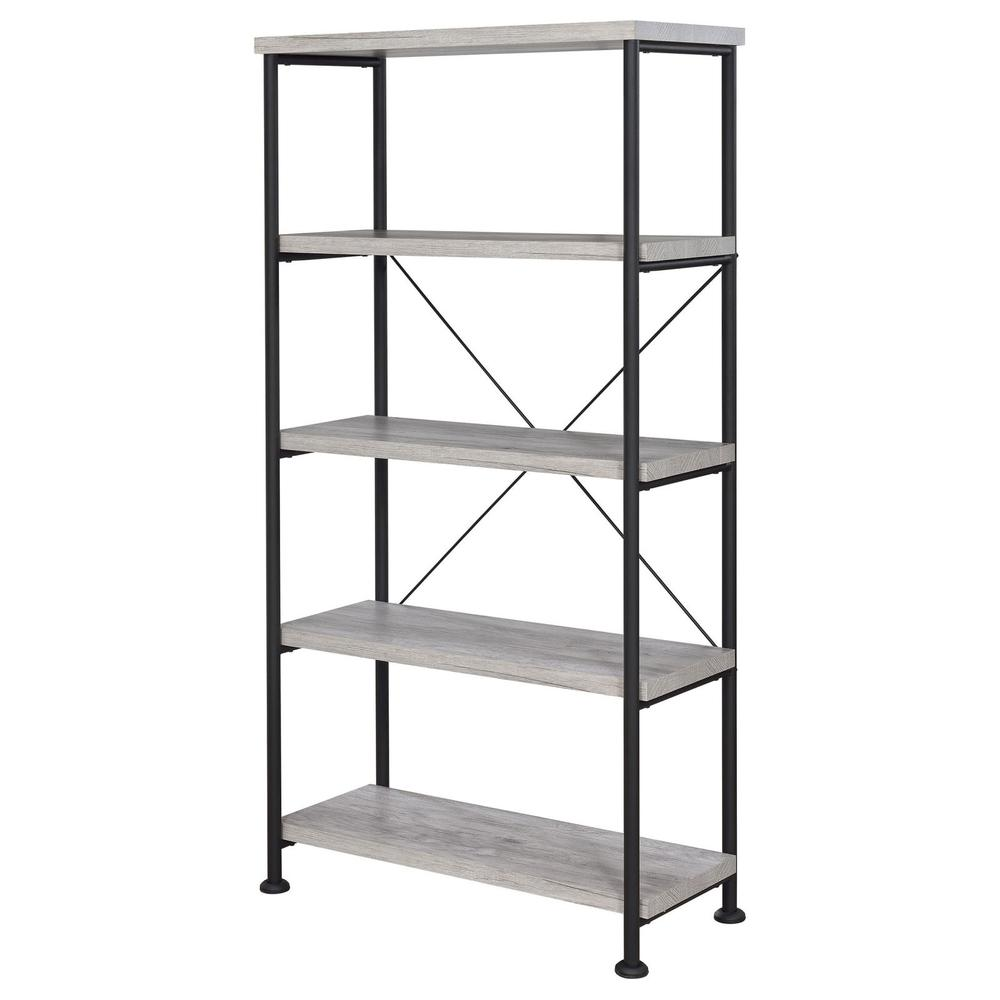 Start2Finish Analiese 63-inch grey driftwood bookshelf with four shelves, showcasing a modern furniture piece for storage and display.
