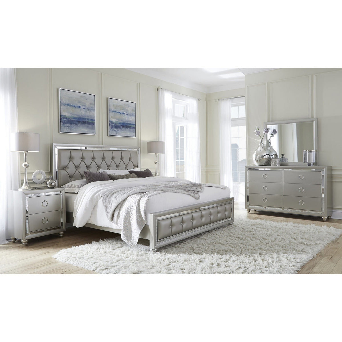 Silver Champagne Tone Nightstand With 2 Drawer Mirror Trim Accent