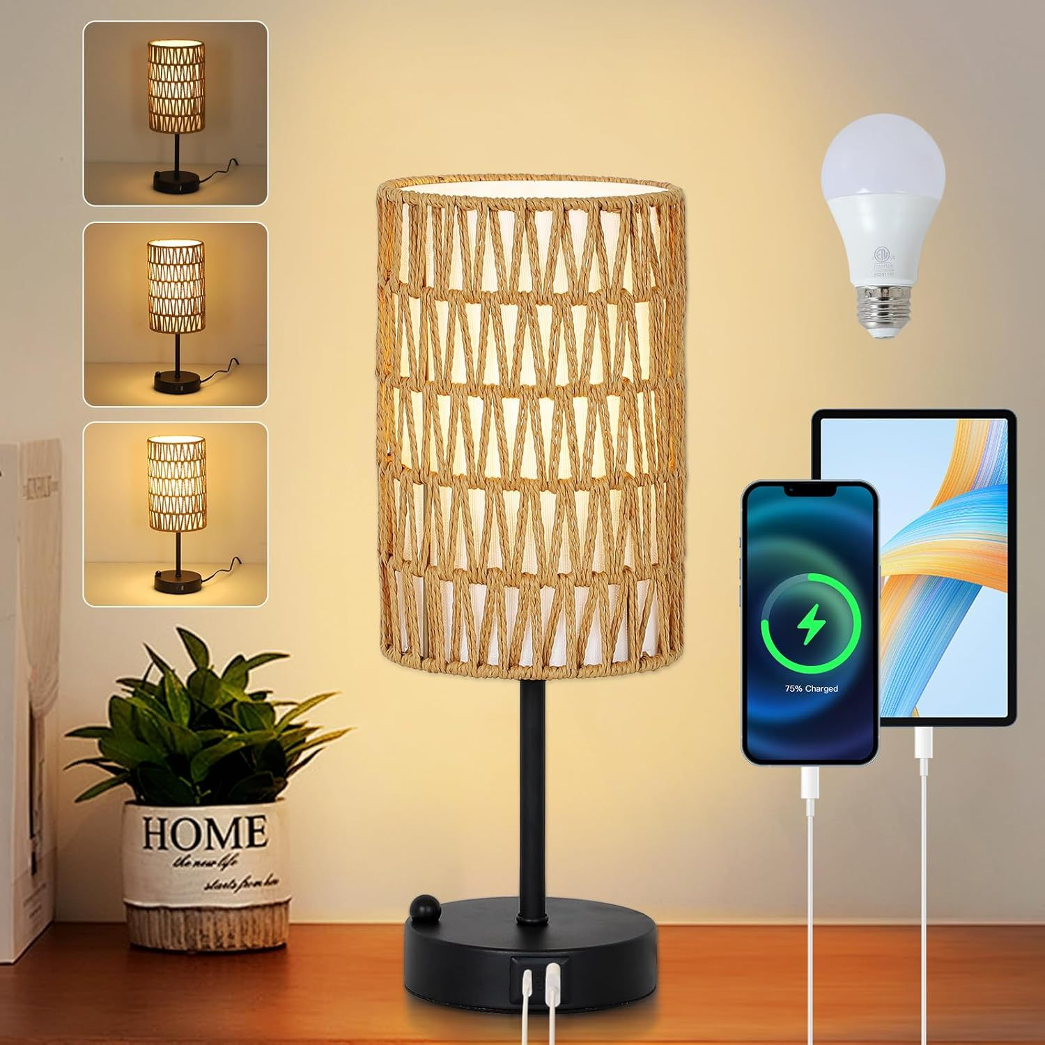 Start2Finish rattan and metal table lamp with woven rattan shade, ideal for dining room, living room, or entryway lighting.