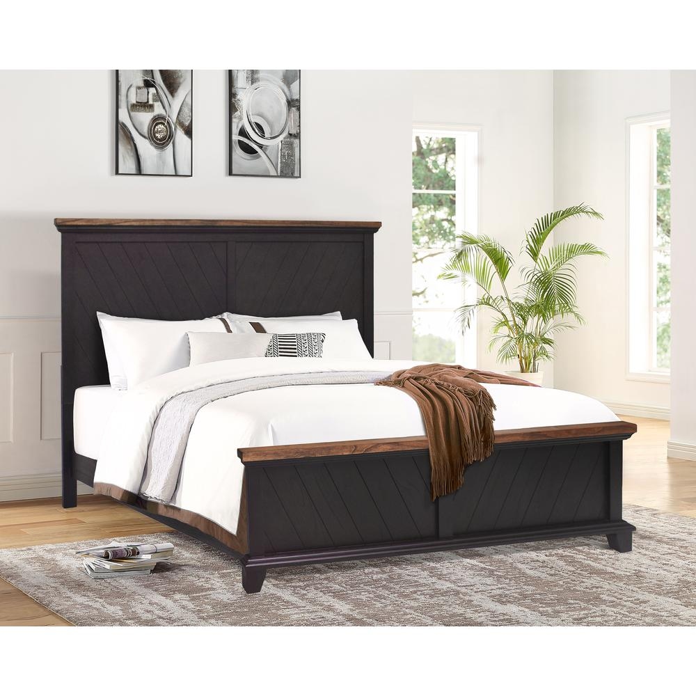 Start2Finish Bear Creek Queen Bed in brown with a wooden frame and headboard, showcasing a cozy bedroom setting.