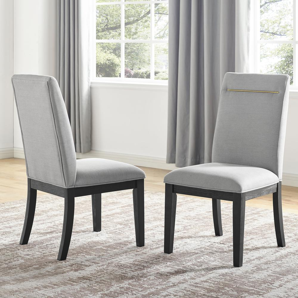 Yves black dining table with six grey chairs, modern kitchen furniture set, Start2Finish brand, wood and fabric materials visible.