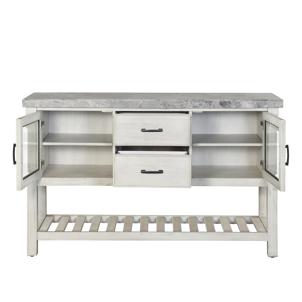 Canova Gray marble top server with wooden base and storage drawers, stylish furniture piece for dining or living room decor.