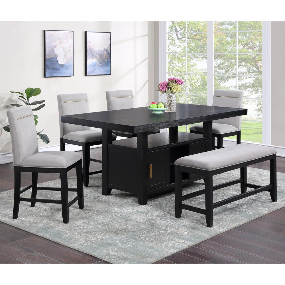 Yves black counter table with storage, bench, and four grey counter chairs in modern furniture setting