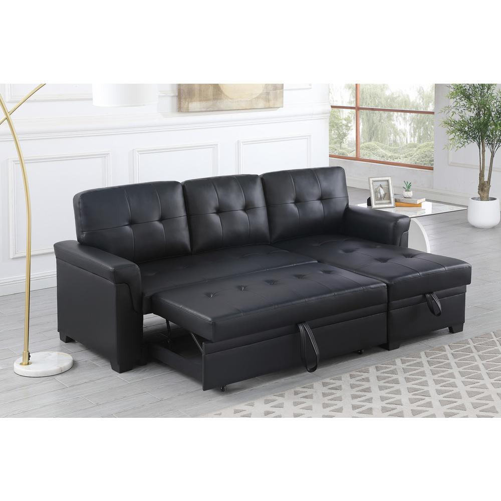 Lexi Black synthetic leather reversible sleeper sectional sofa with storage chaise, modern furniture by Start2Finish.