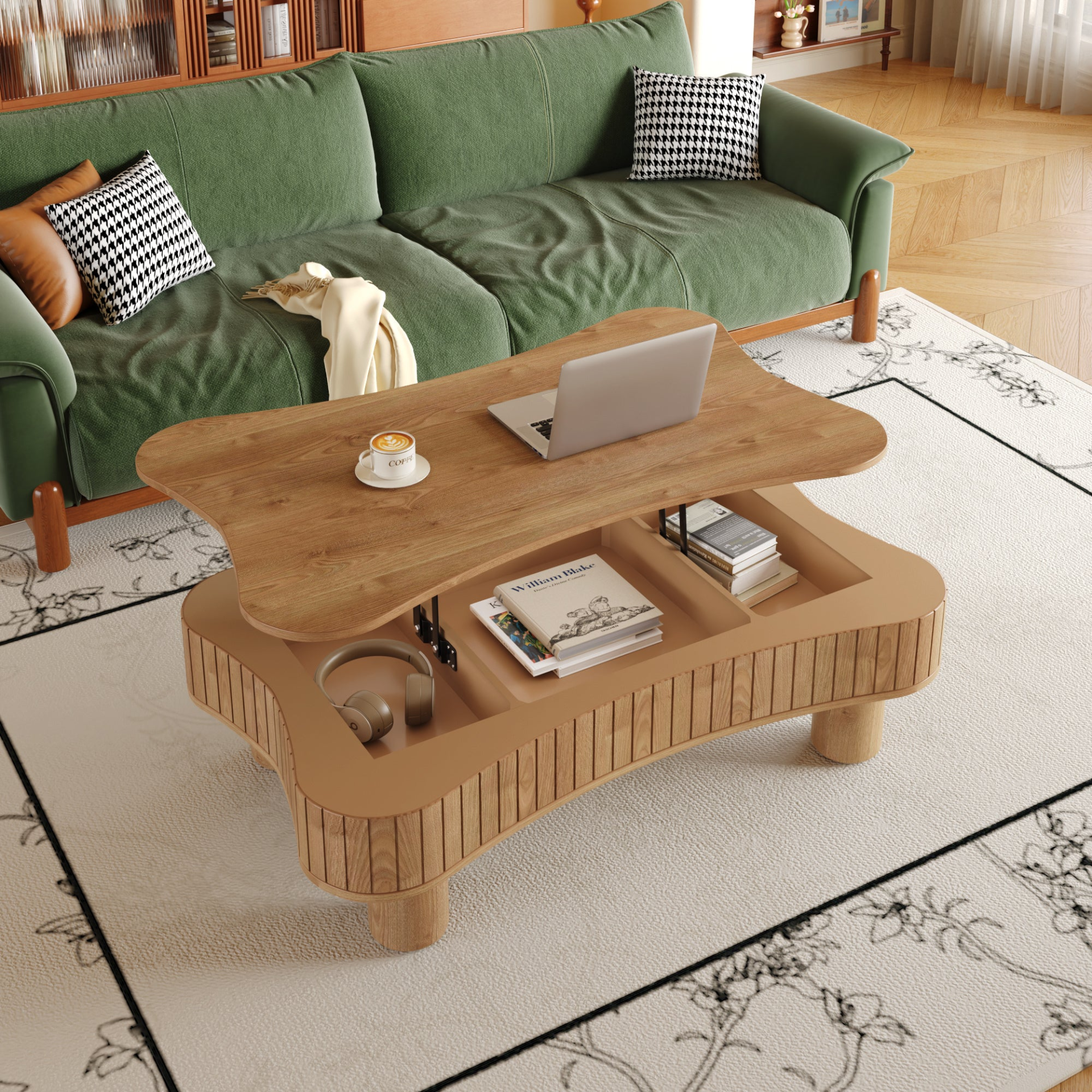 Light brown MDF and black metal coffee table with lift-top storage, modern furniture piece for living room from Start2Finish.