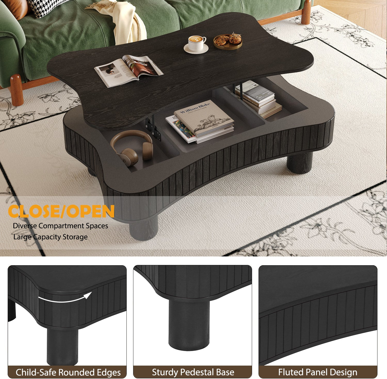 Light brown and black coffee table with MDF and metal construction featuring lift-top storage for living room use.