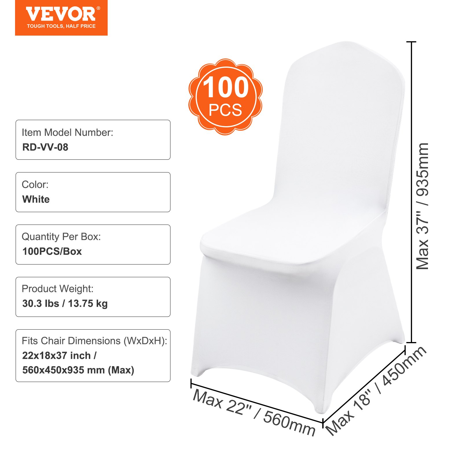 Set of white VEVOR stretch spandex folding chair covers by Start2Finish, fitted and washable for weddings, parties, and events.