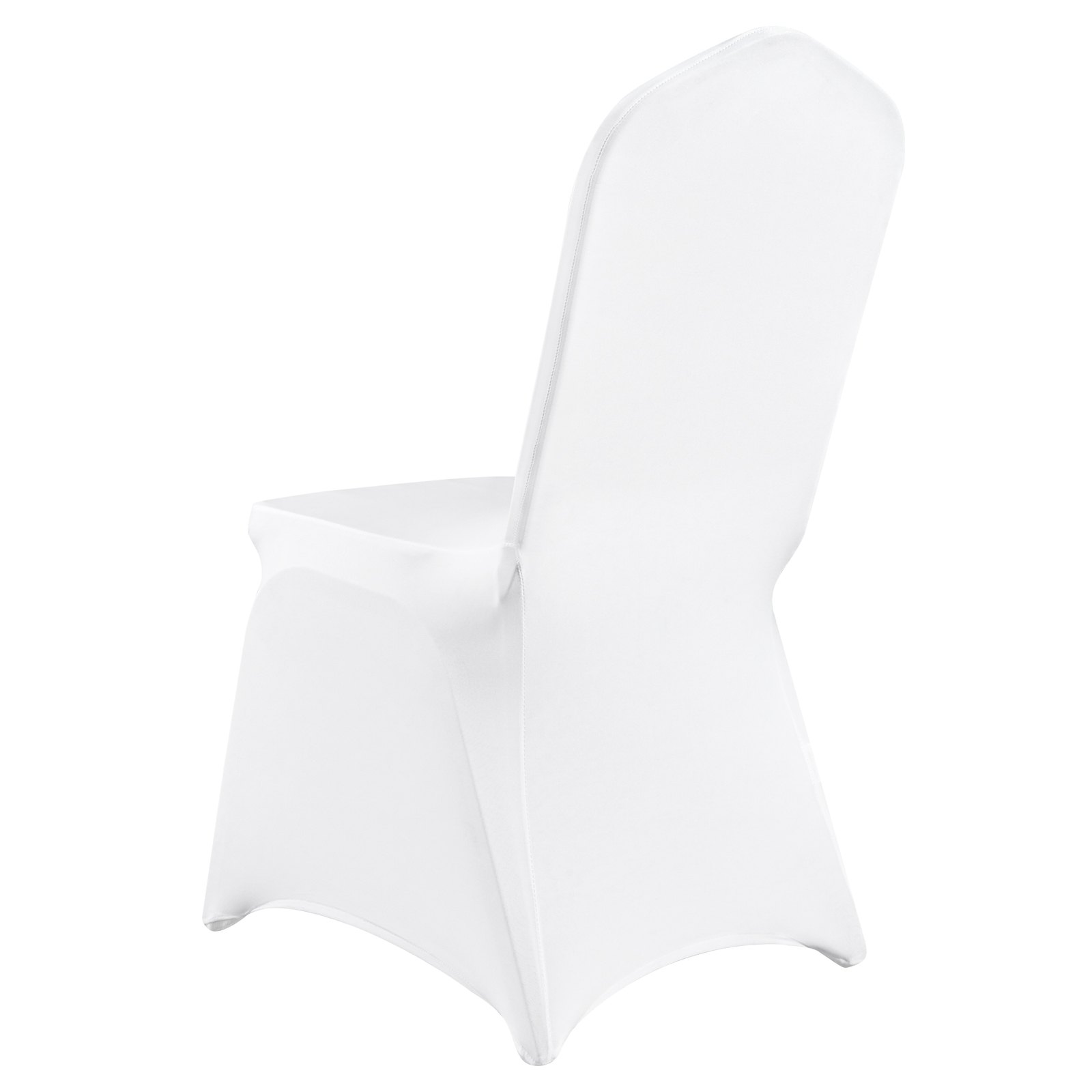 White VEVOR Stretch Spandex folding chair covers on banquet chairs, designed for weddings, parties, and events, with a fitted, washable style.