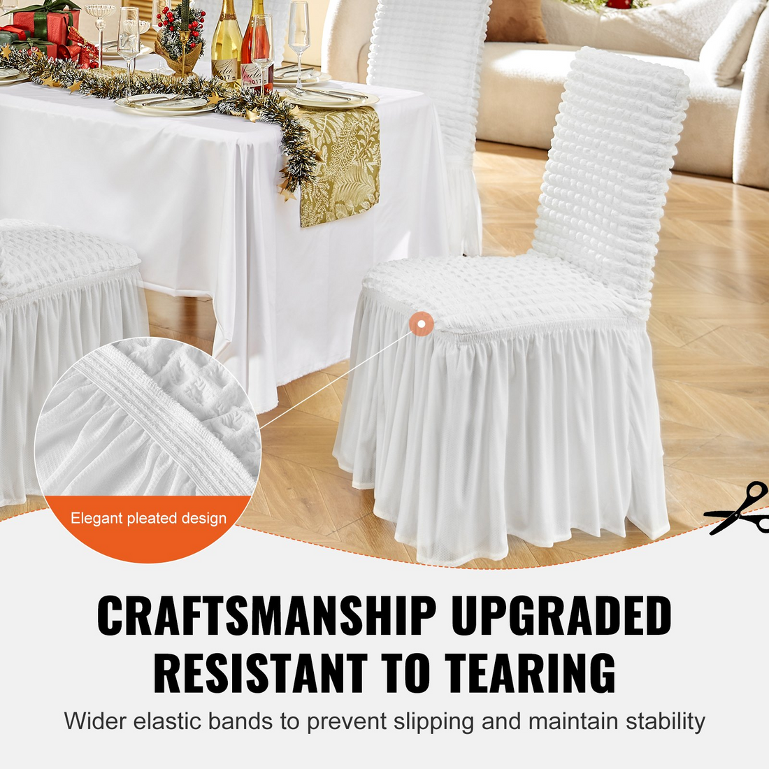 Set of four white VEVOR Stretch Spandex folding chair covers with skirts, washable and fitted for weddings, banquets, and parties.
