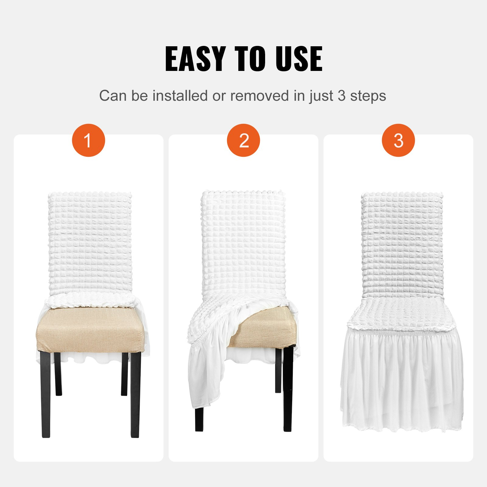 Set of four white VEVOR Stretch Spandex folding chair covers with fitted design and removable skirt for weddings and events.