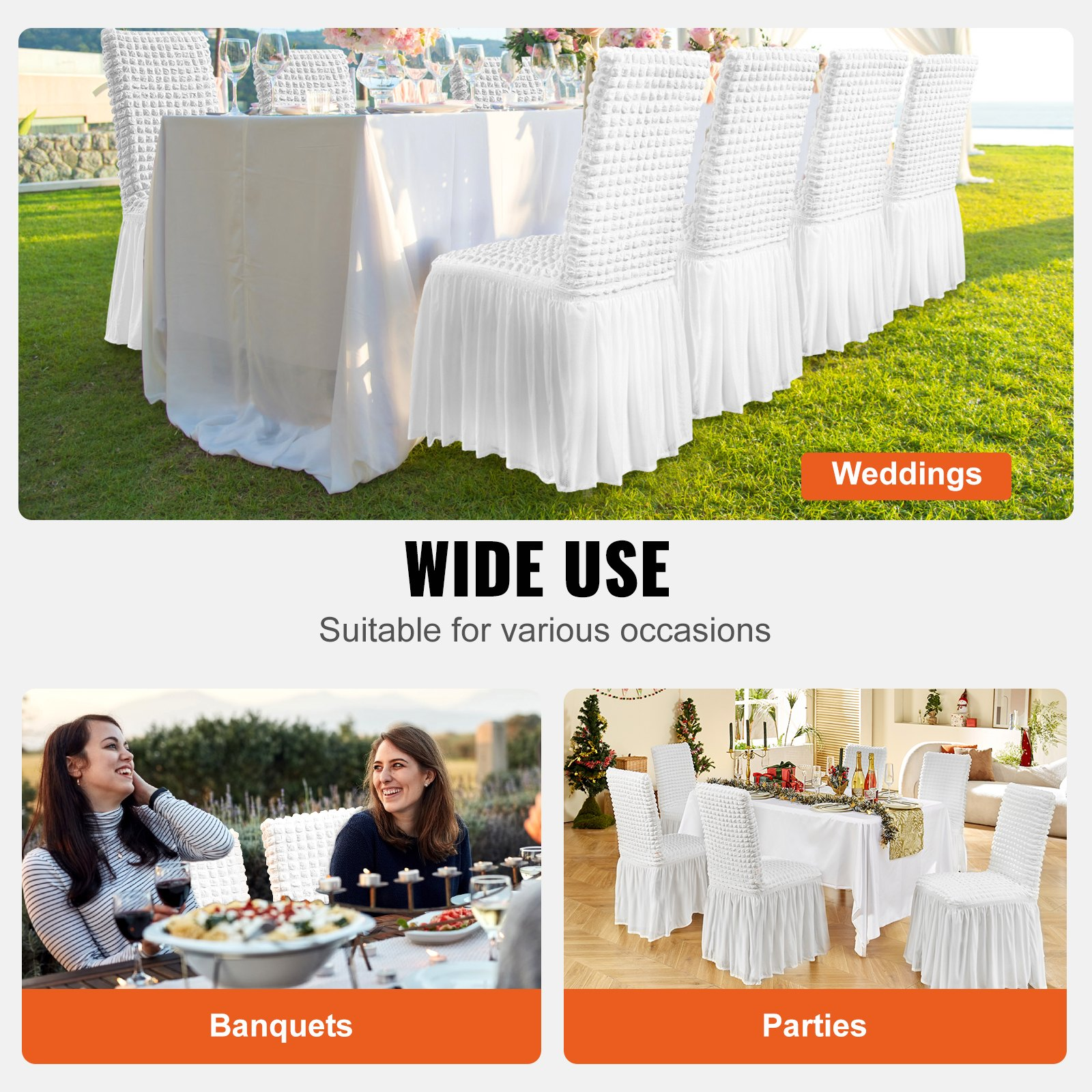 Four white VEVOR stretch spandex folding chair covers with skirts, fitted for wedding, party, and event seating.