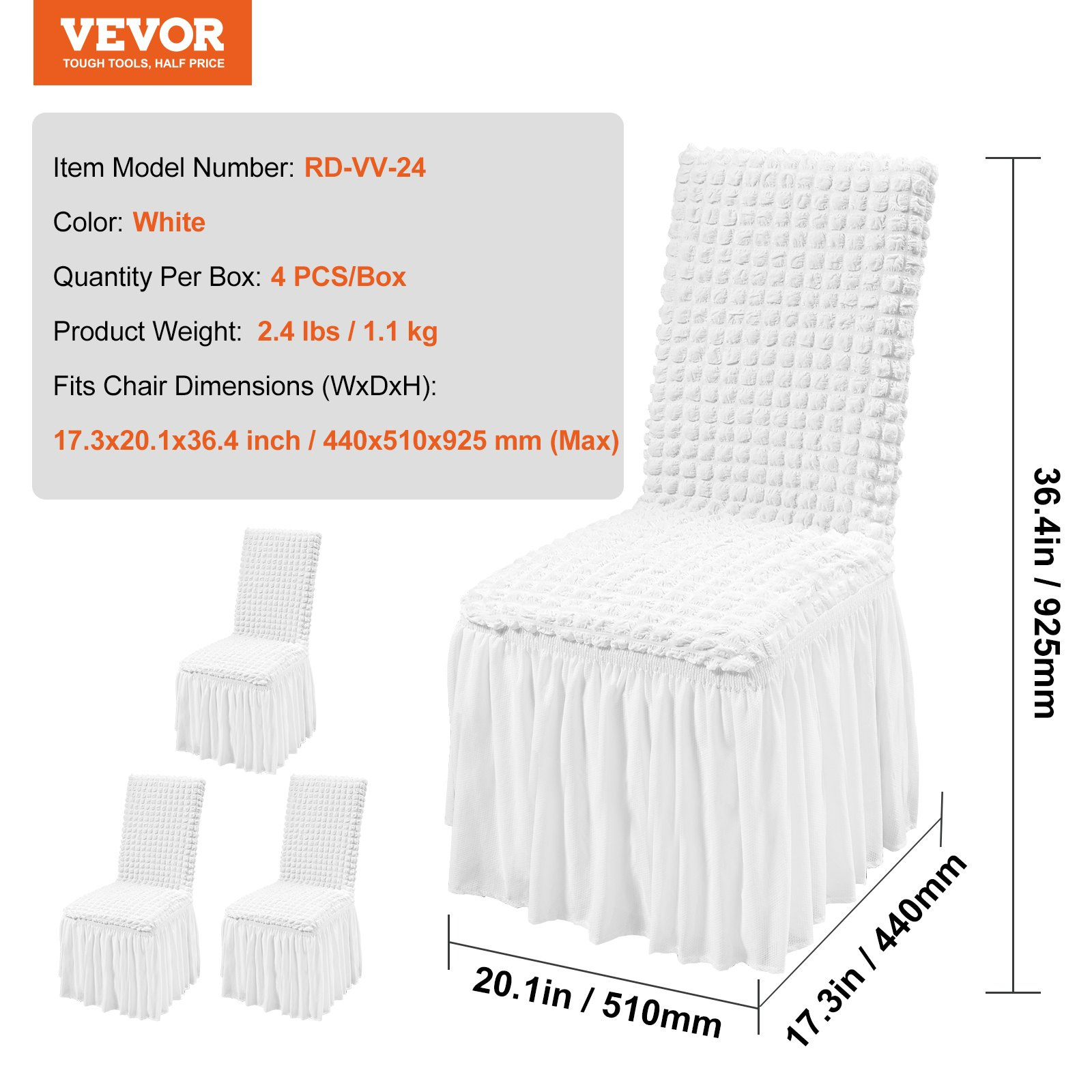 Set of four white VEVOR Stretch Spandex folding chair covers with fitted style and removable skirts, ideal for weddings and events.