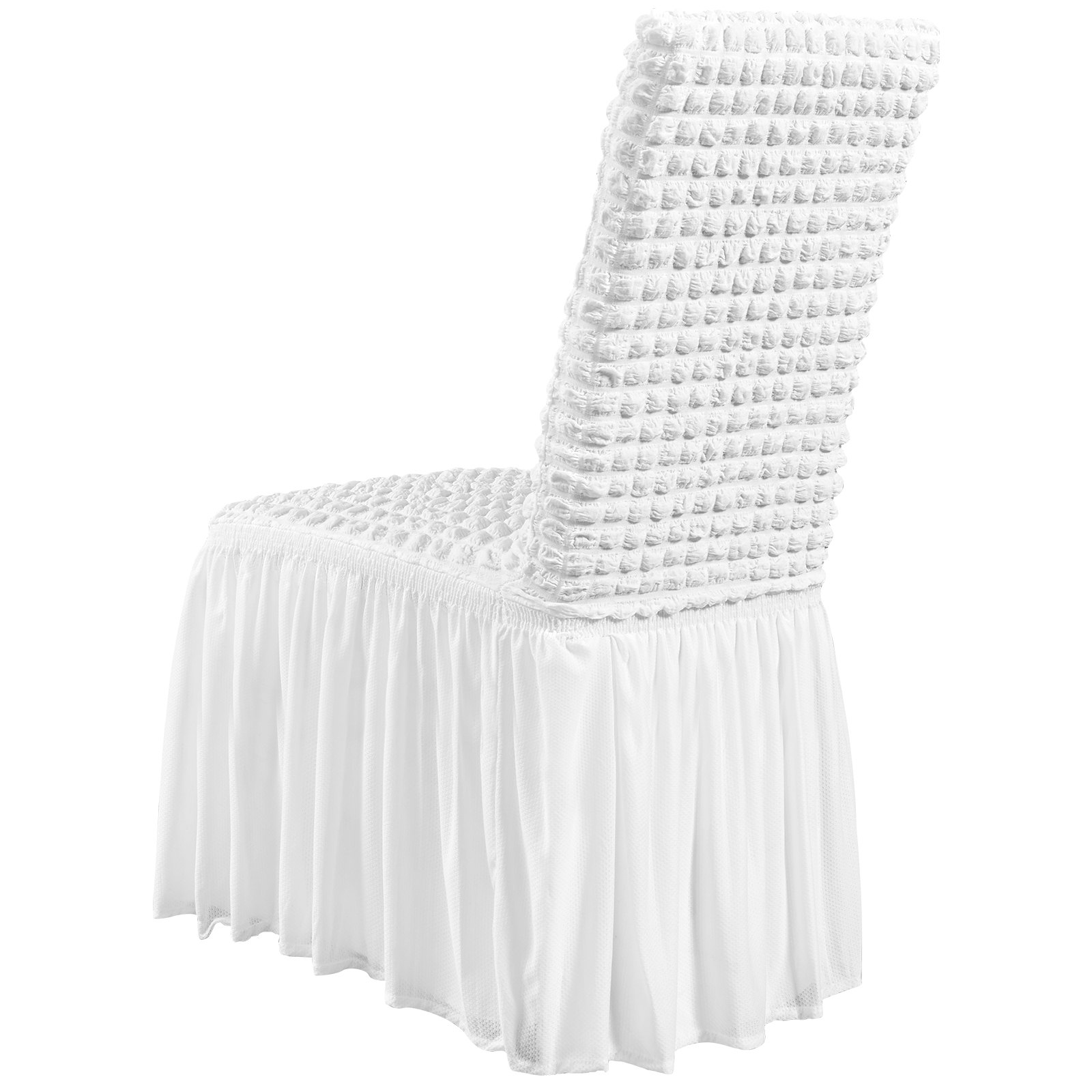 White VEVOR stretch spandex folding chair covers with skirts, set of four, for weddings, parties, and banquets, washable and fitted.