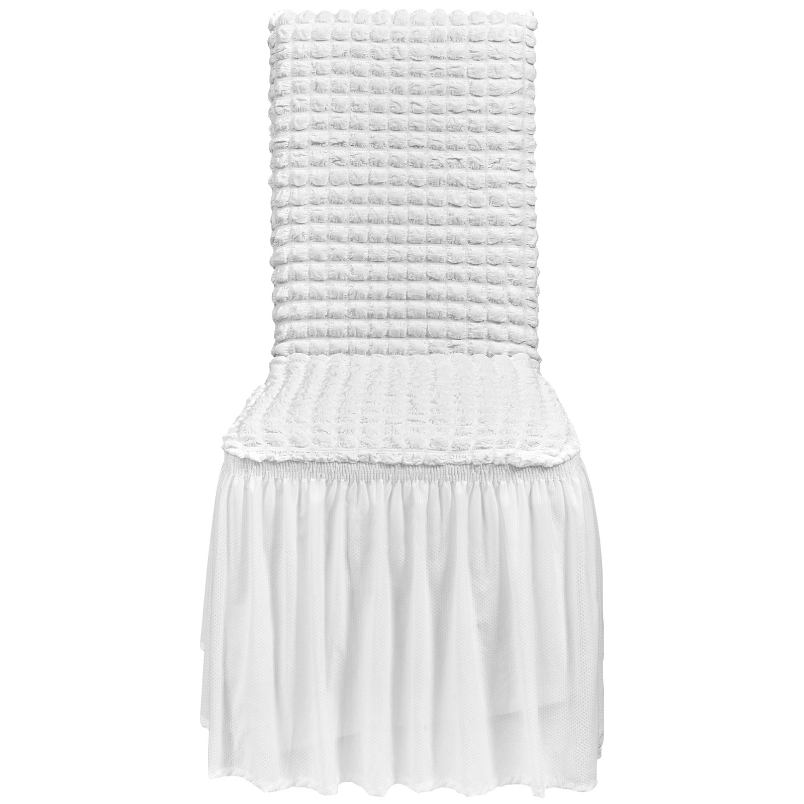 White VEVOR stretch spandex folding chair covers with skirts, set of four, designed for weddings, parties, and special events.