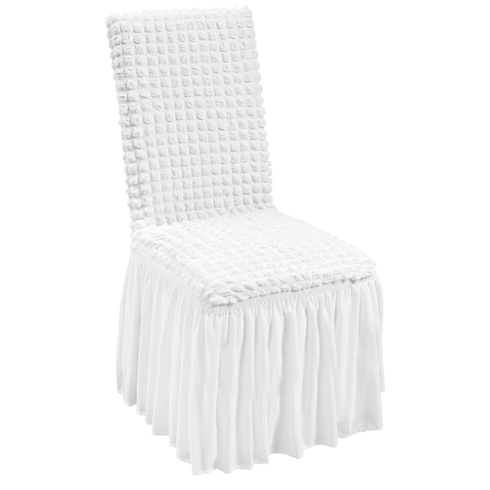 Set of four white VEVOR stretch spandex folding chair covers with skirts, fitted, washable, ideal for weddings and parties.