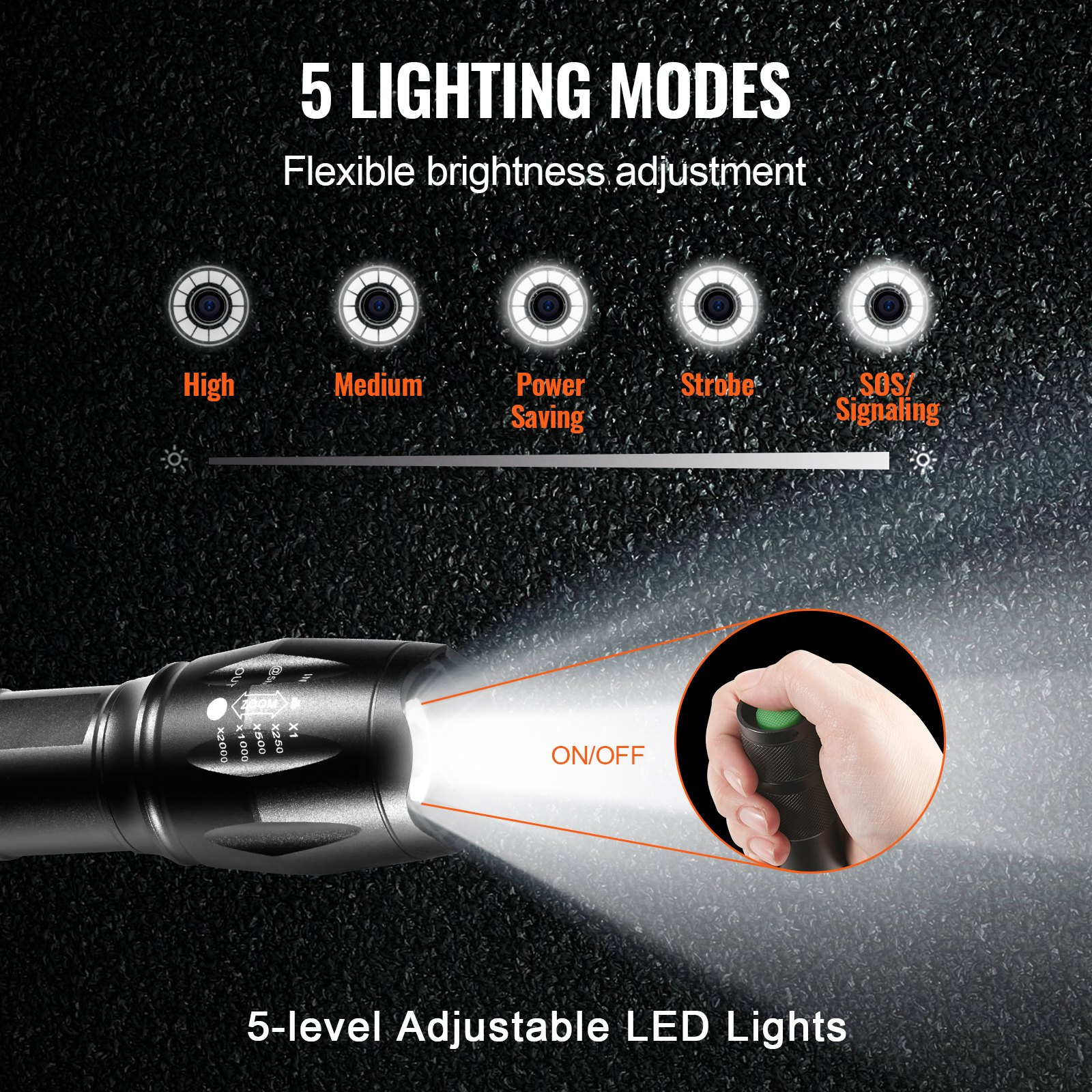 Start2Finish VEVOR 2-pack LED flashlights with 2000 lumens, adjustable focus, waterproof, handheld torches for camping and outdoor use.