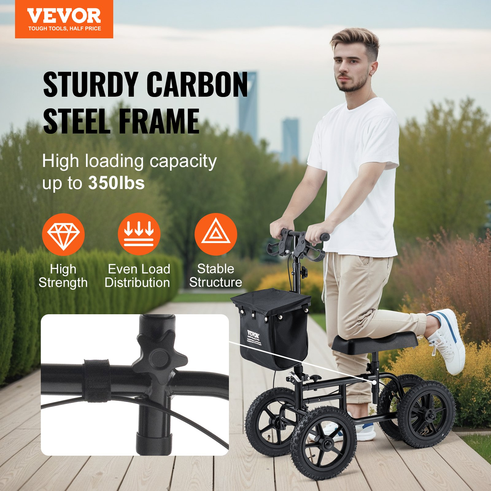 Start2Finish VEVOR Folding Knee Scooter with adjustable handlebar, 12-inch all-terrain wheel, dual brakes, for leg injury recovery.
