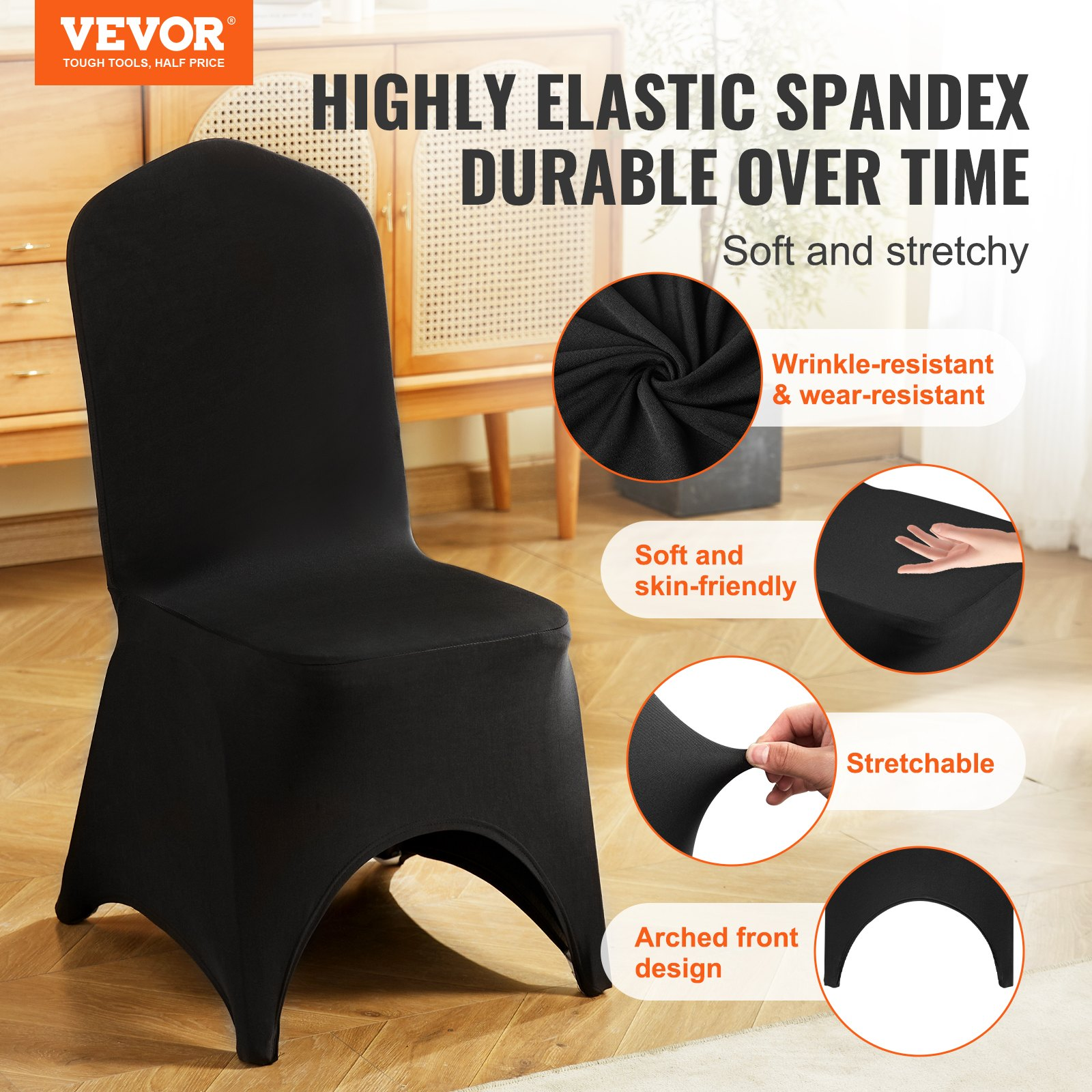 Black VEVOR stretch spandex folding chair covers with arched front design, shown fitted on event chairs for weddings and parties.