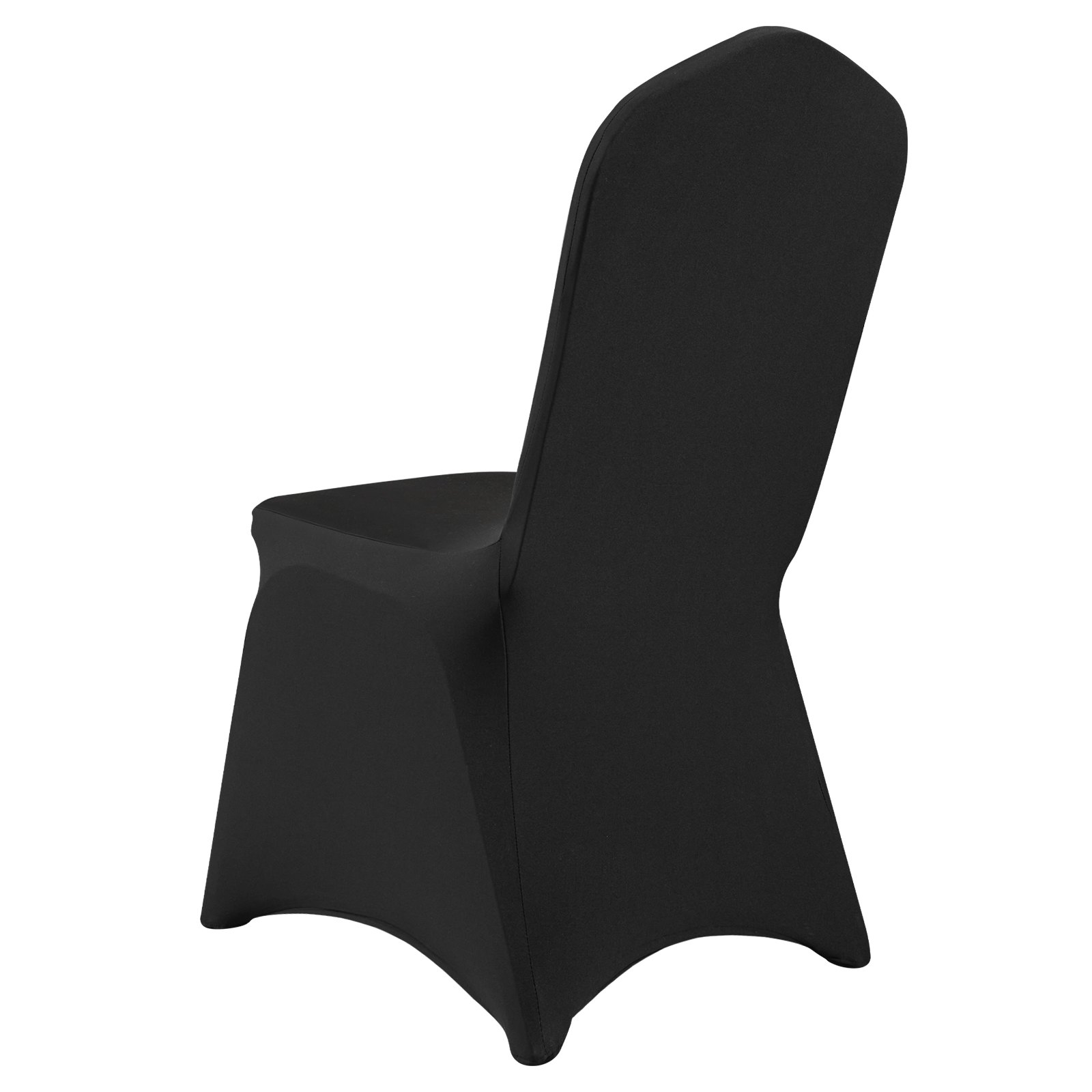 Set of 50 black VEVOR Stretch Spandex folding chair covers with arched front, washable, fitted for weddings, parties, and events