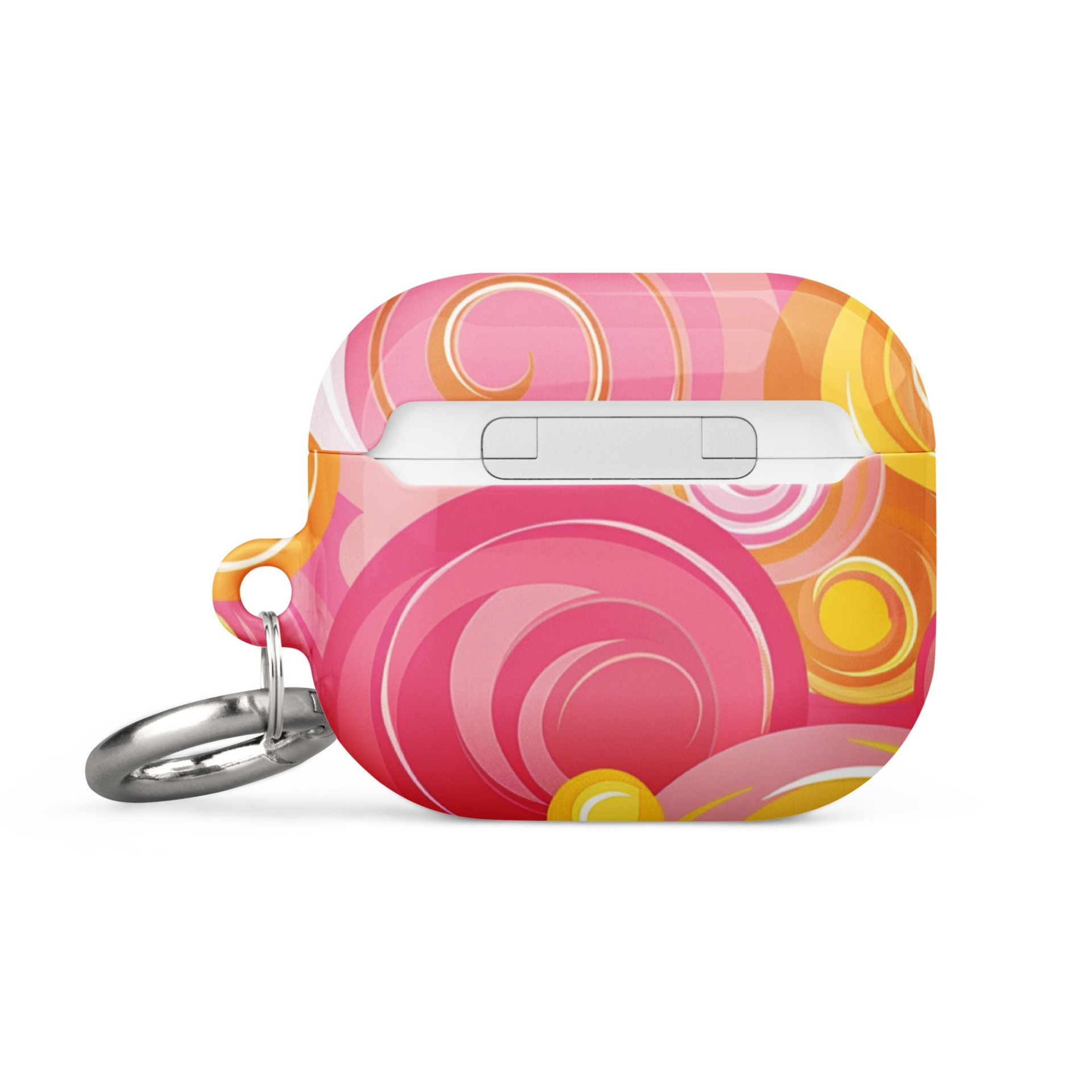 Pink and yellow Start2Finish AirPods case for electronics, showing a colorful protective cover with a clip attachment.