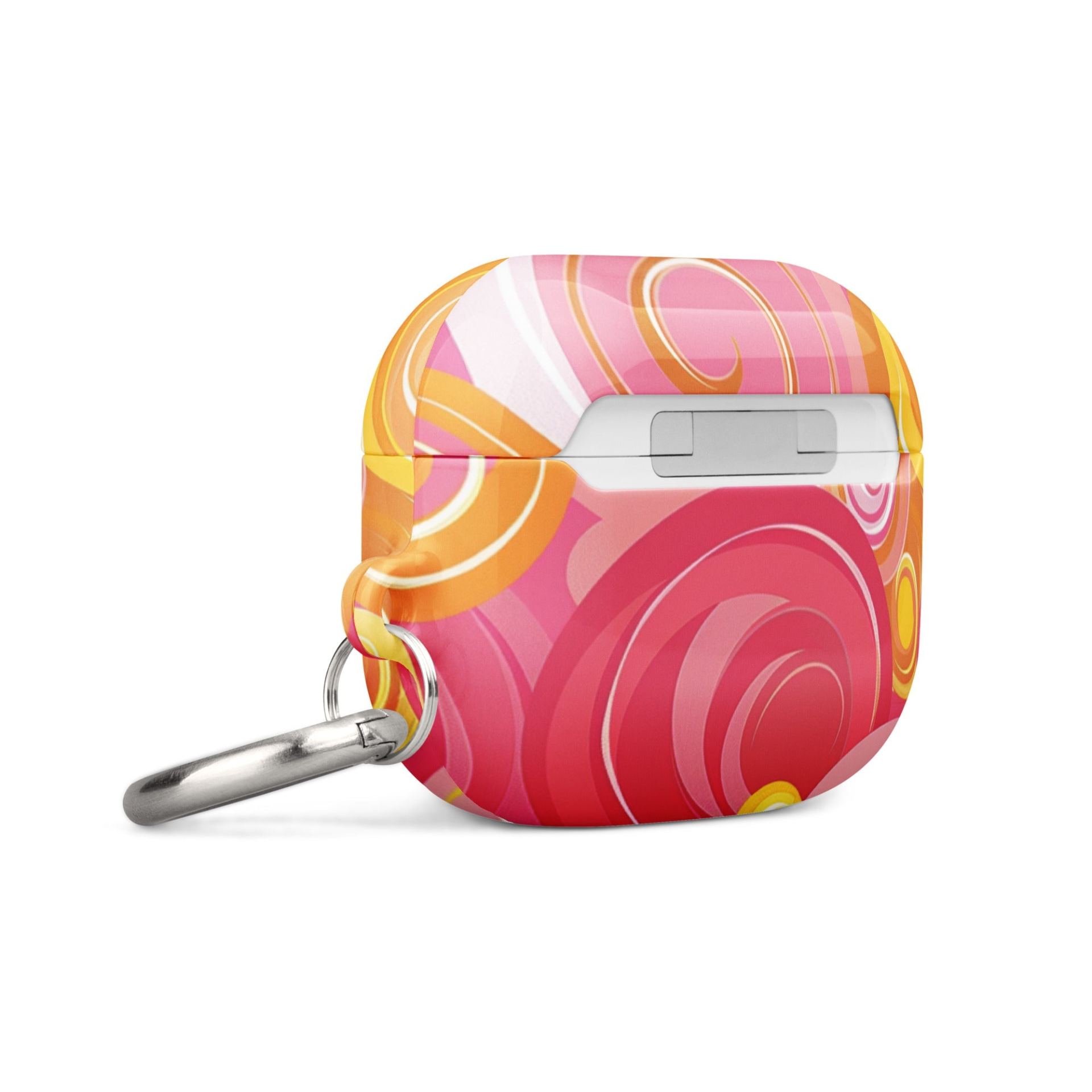 Pink and yellow Start2Finish AirPods case for electronics, showing a colorful protective cover with a keyring attachment.