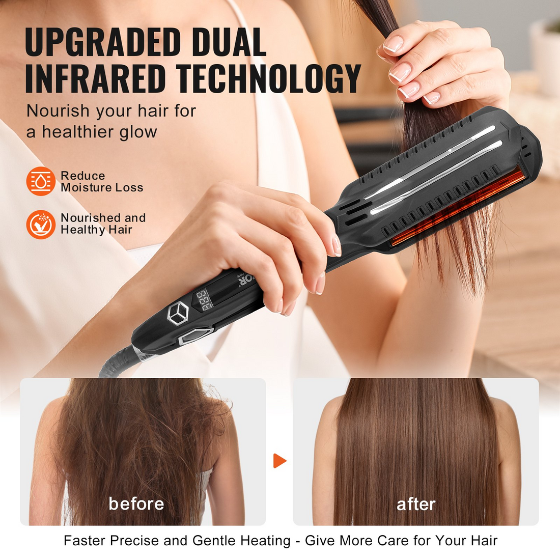 Start2Finish VEVOR titanium hair straightener with LCD display, dual infrared heating, 1.5-inch plates, and adjustable temperature.