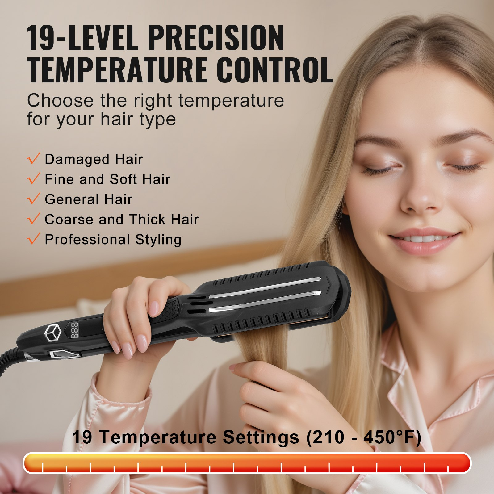 Start2Finish VEVOR 1.5-inch titanium flat iron with LCD display, dual infrared technology, and adjustable temperature for salon-quality styling.