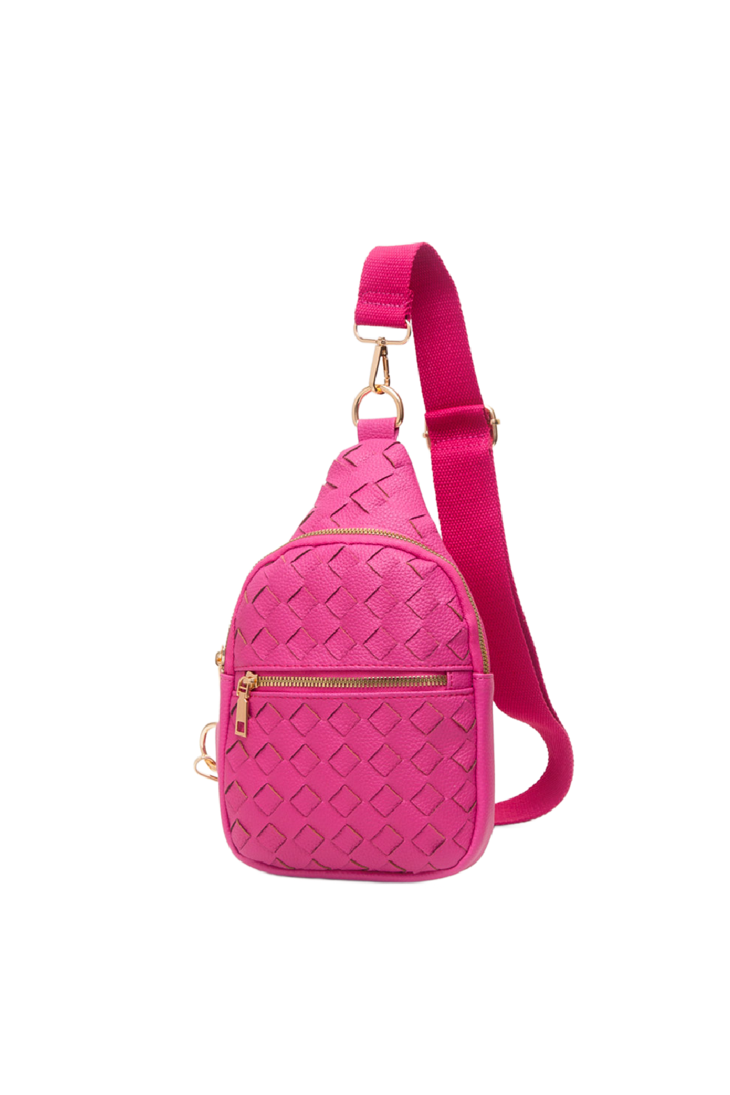 Woven vegan leather sling bag from Start2Finish featuring adjustable strap and compact design for accessories storage.