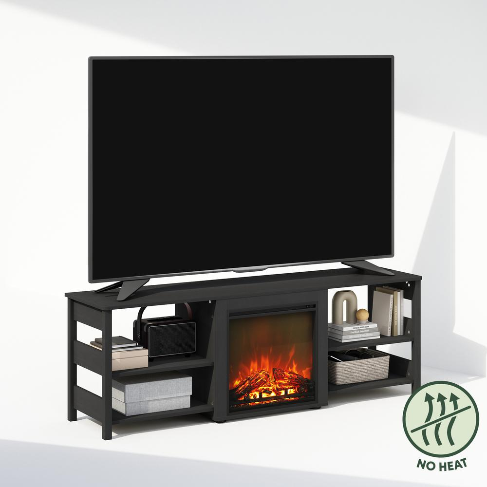 Start2Finish electric fireplace TV stand with storage shelves for 70-inch TVs, featuring a modern furniture design and built-in fireplace.