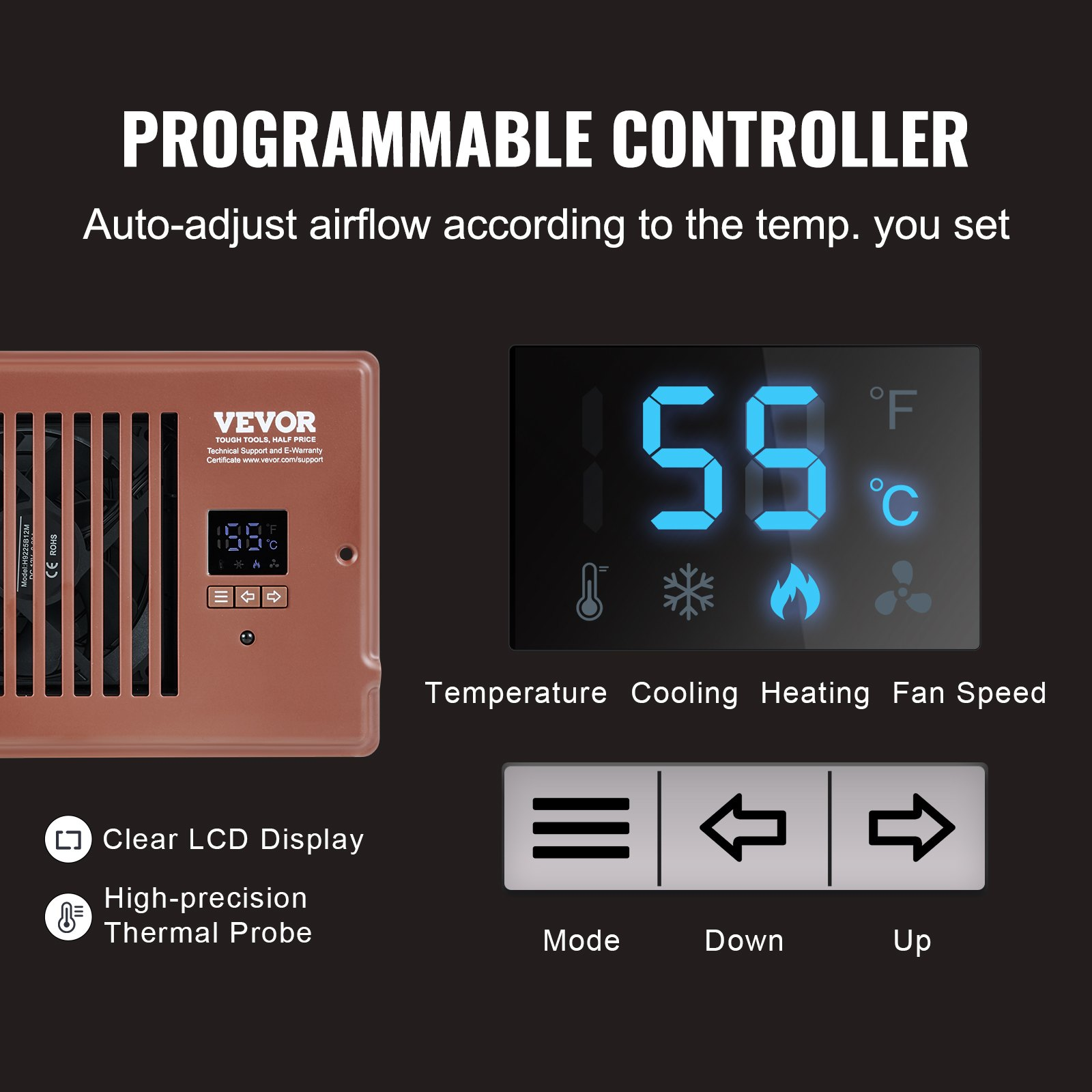 Start2Finish VEVOR register booster fan in brown with remote, thermostat, and adjustable speed for 4x10 inch vent openings.