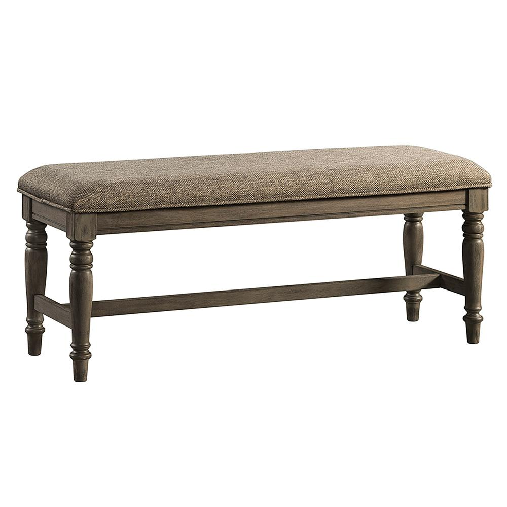 Backless 46-inch wooden bench with cushion in roasted oak finish, designed for stylish seating and home decor.