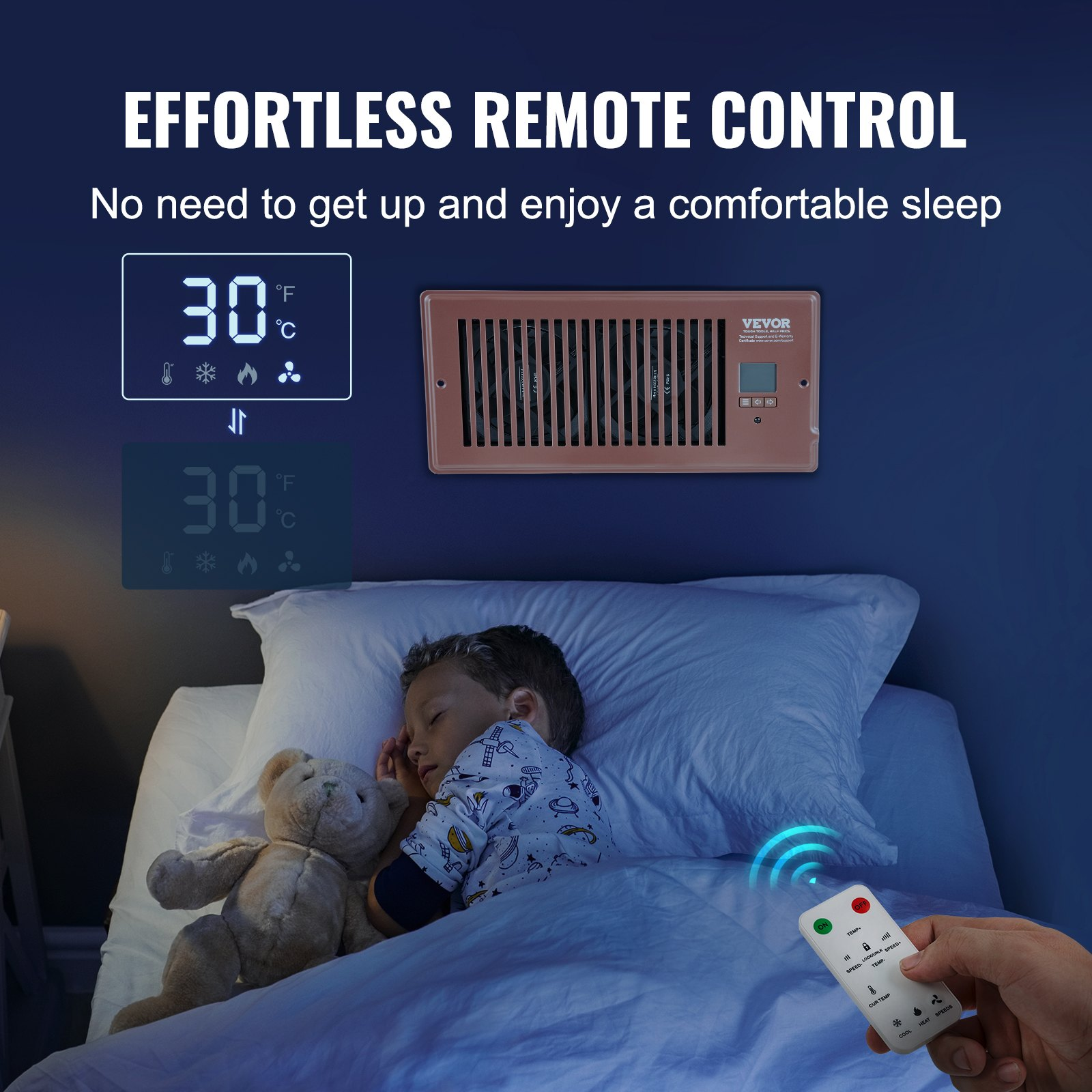 Start2Finish VEVOR Register Booster Fan in brown with remote control and thermostat, fits 4x10 inch vents, adjustable speed for heating and cooling.