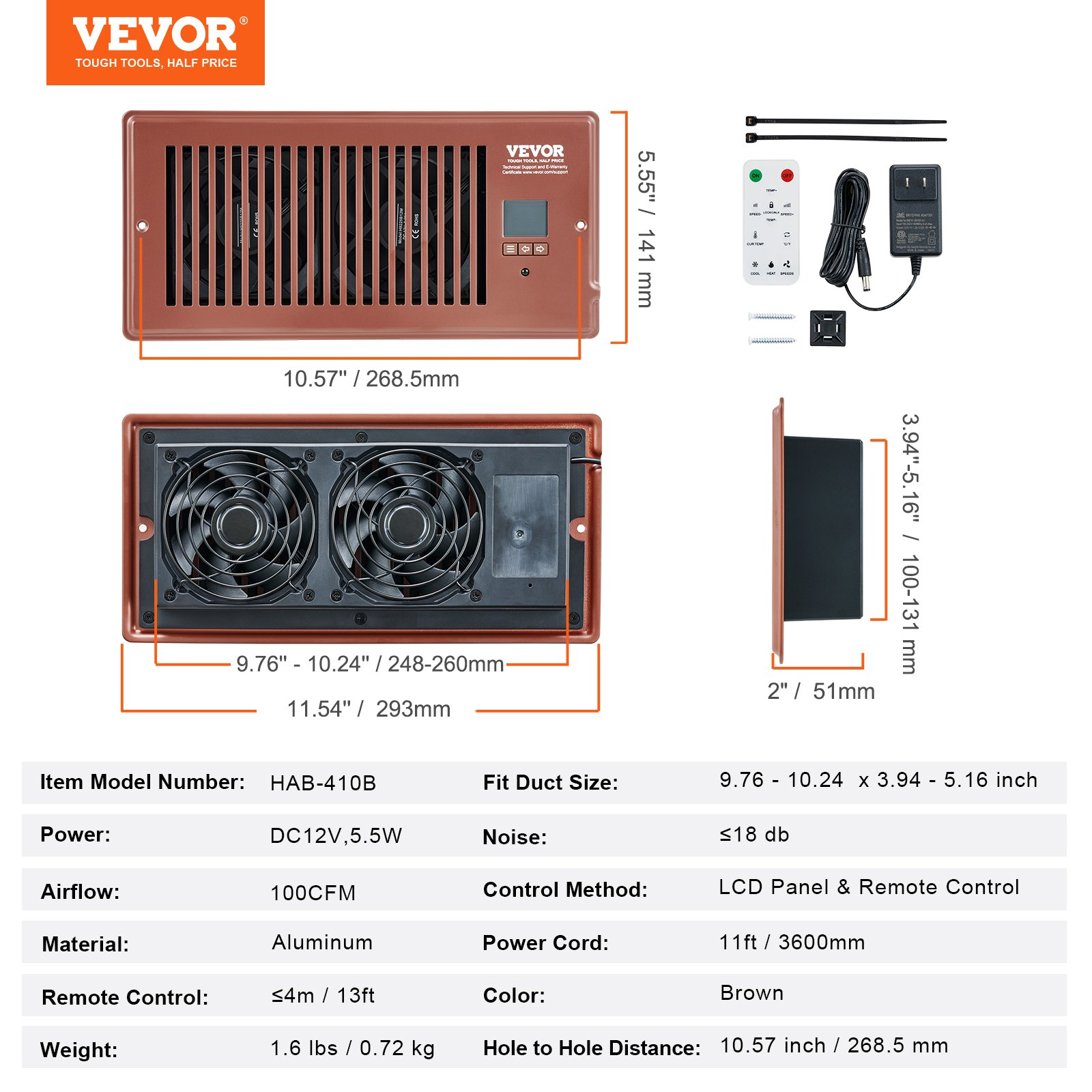Start2Finish VEVOR Register Booster Fan with remote, thermostat, and adjustable speed installed in a brown vent opening.