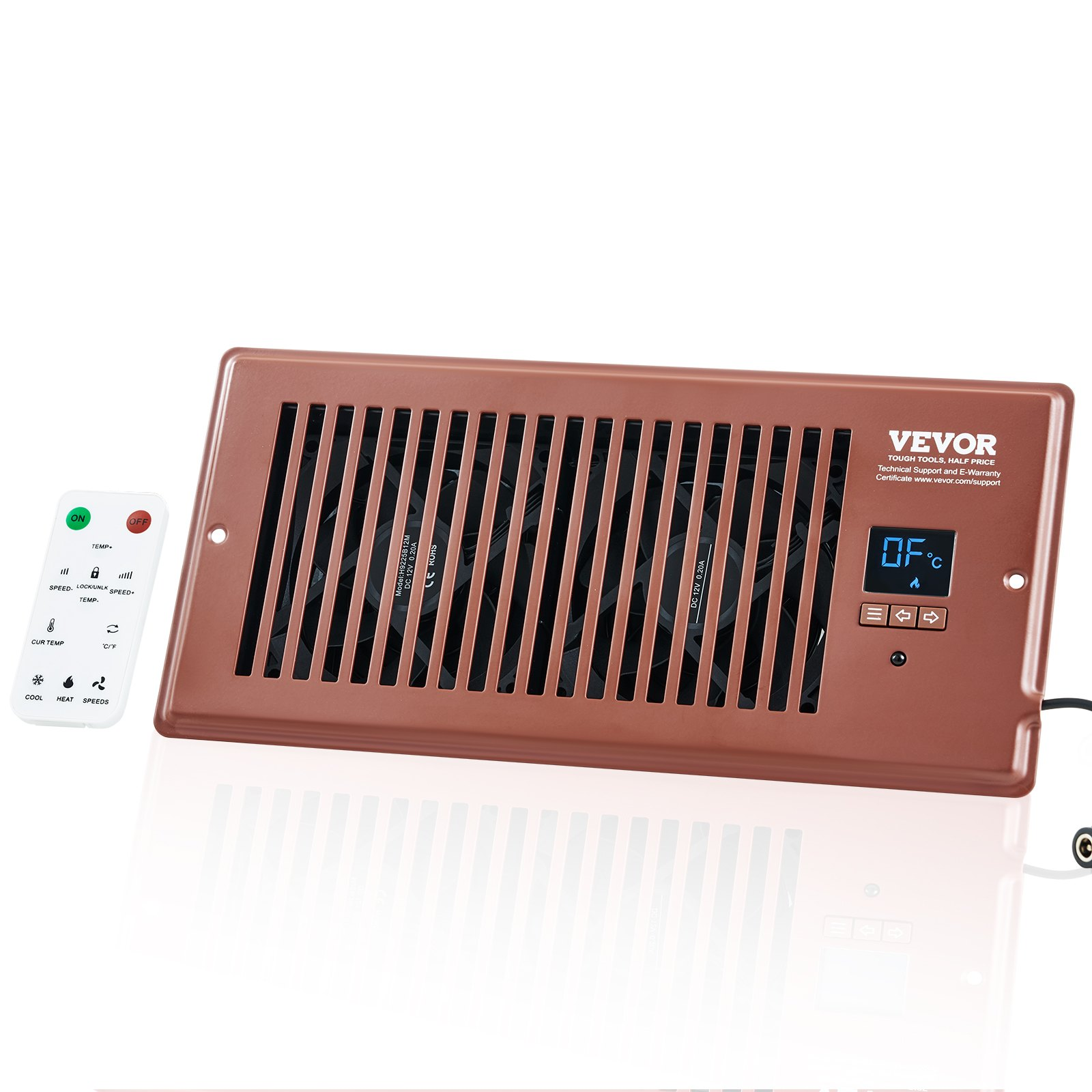 Start2Finish VEVOR quiet booster fan for 4” x 10” register holes with remote, thermostat, and adjustable speed in brown.