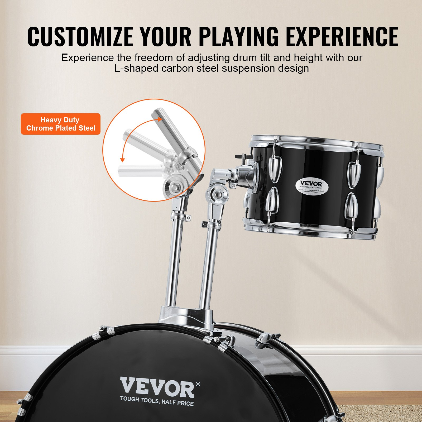 Start2Finish VEVOR 5-piece adult drum set with bass, snare, toms, cymbals, throne, stands, and drumsticks in black.