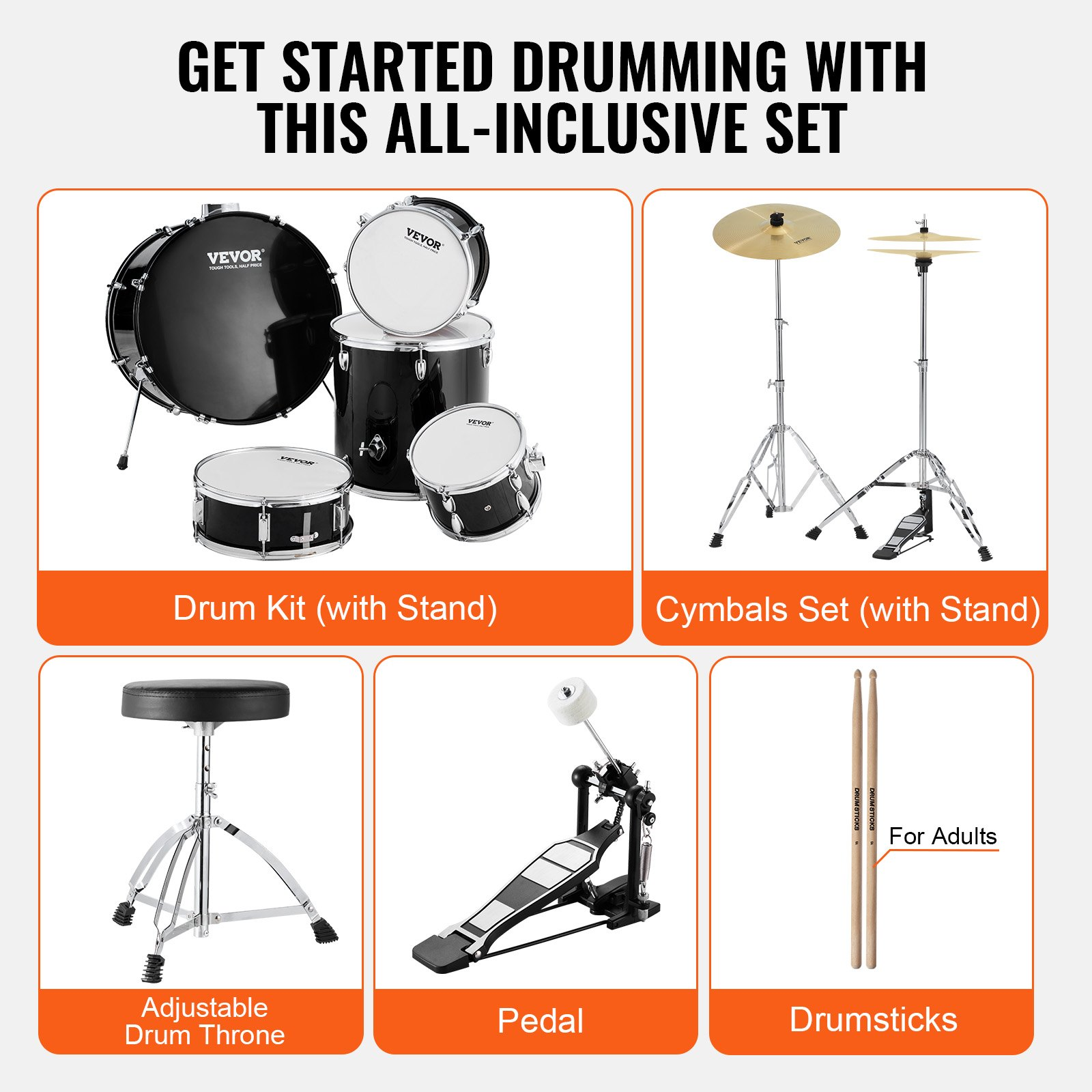 Start2Finish 5-piece adult drum set with bass, snare, toms, cymbals, stands, hi-hat pedal, and drumsticks in black