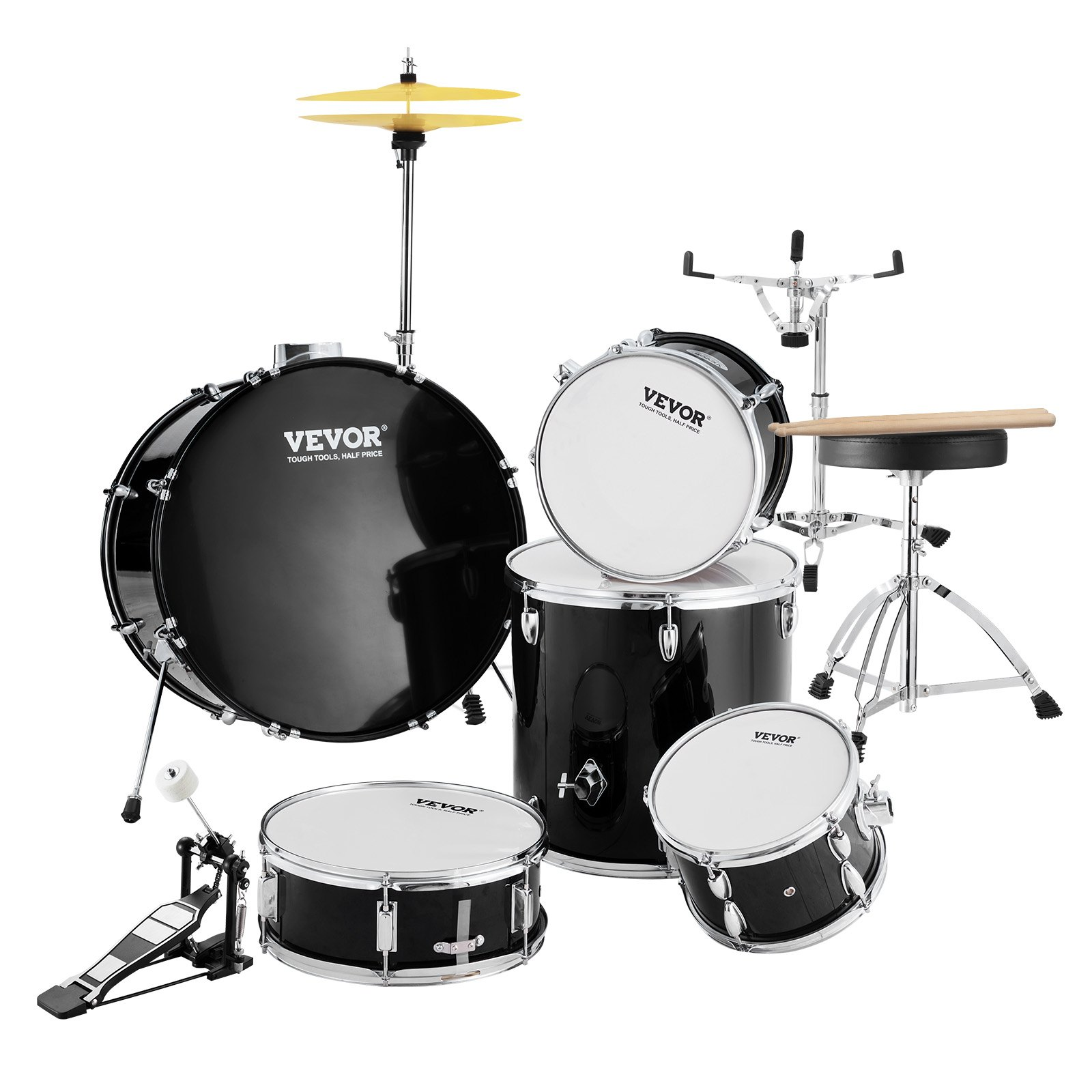 Start2Finish 5-piece adult drum set with bass, snare, toms, cymbals, stands, and drumsticks in black.
