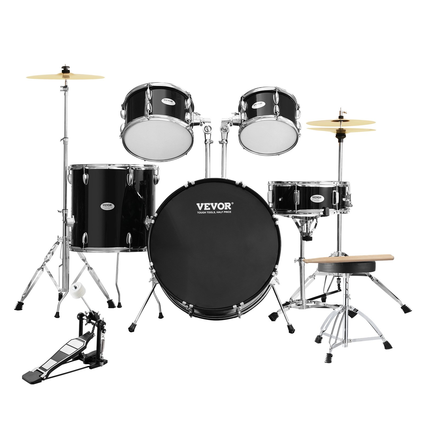 Start2Finish VEVOR 5-piece adult drum set with bass, snare, toms, cymbals, stands, and drumsticks in black.