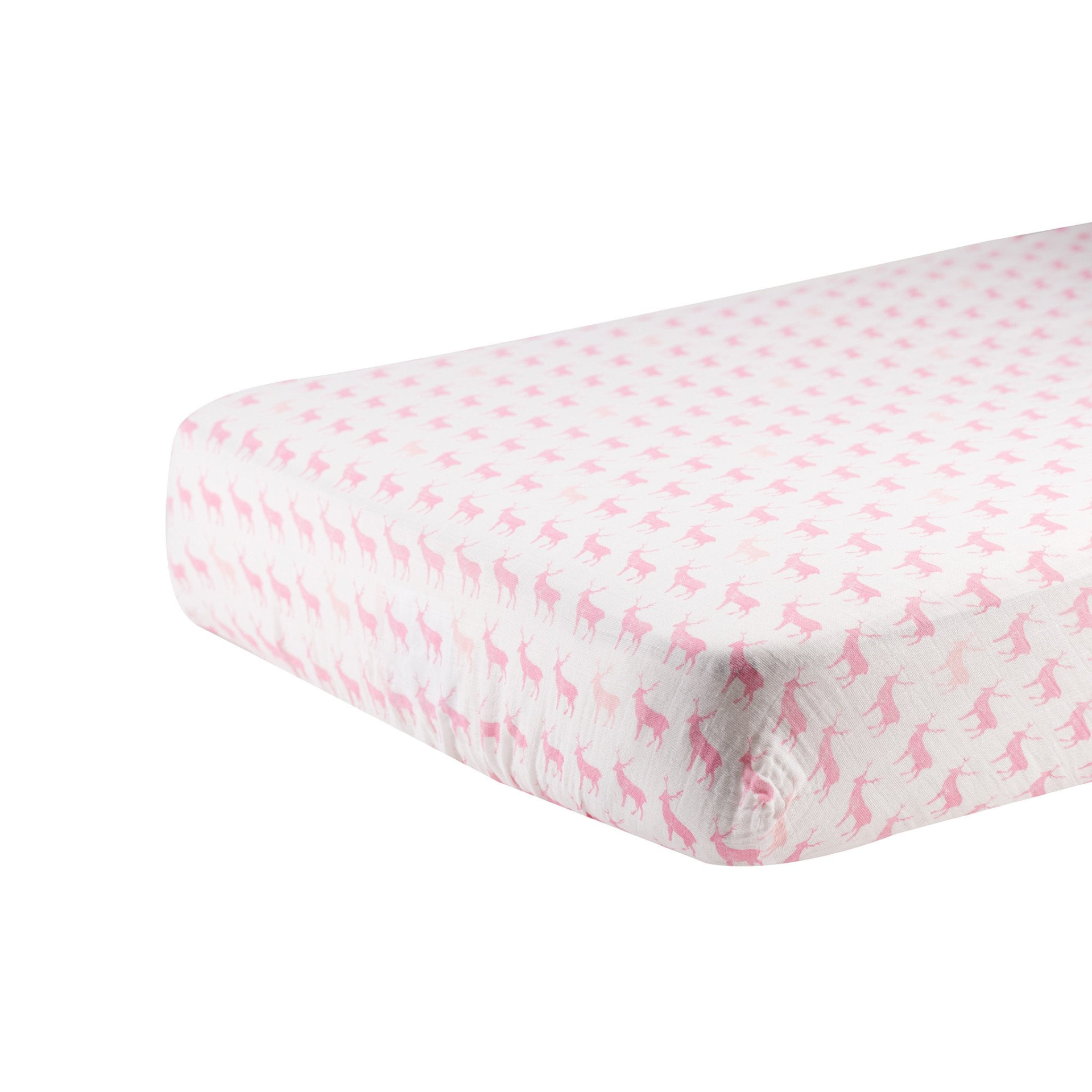 Pink Deer cotton muslin crib sheet for baby, soft and breathable with cute deer pattern by Start2Finish.