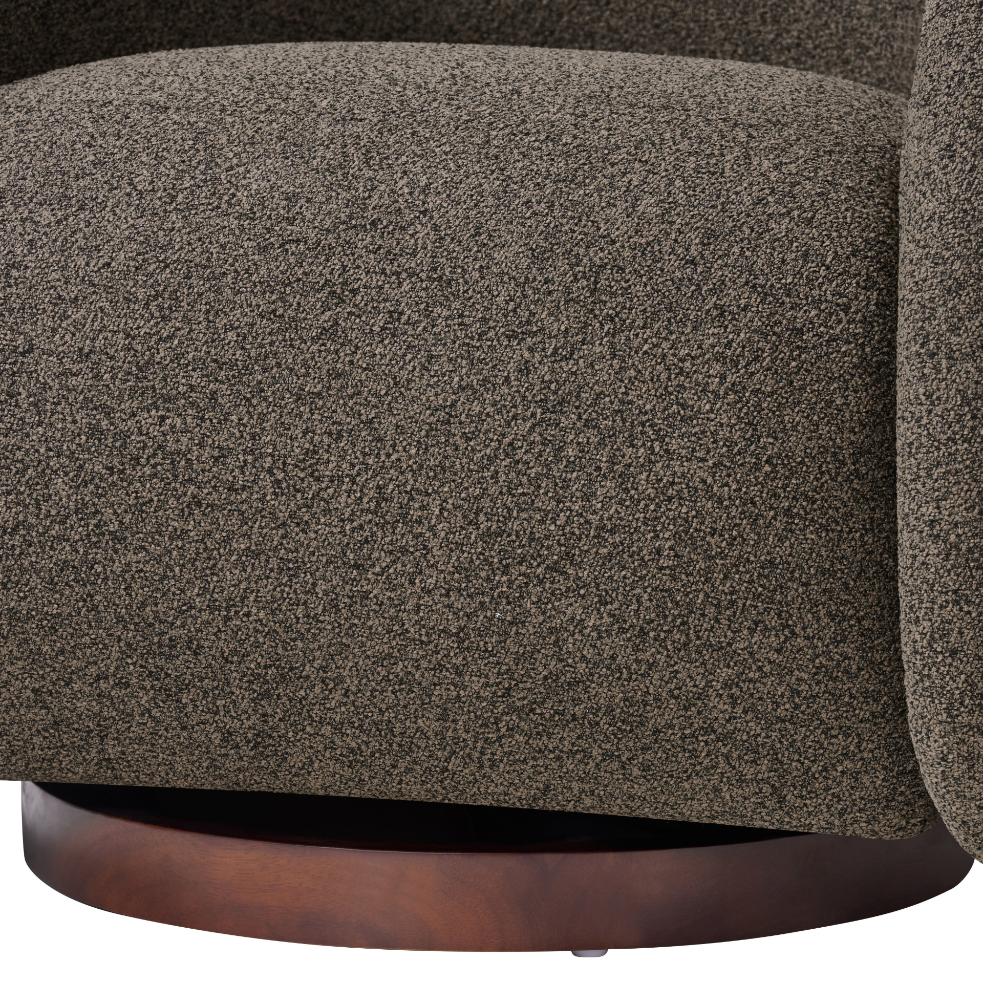Start2Finish boucle accent chair with beige and brown fabric, solid wood frame, green upholstery, and swivel base for living or dining rooms.