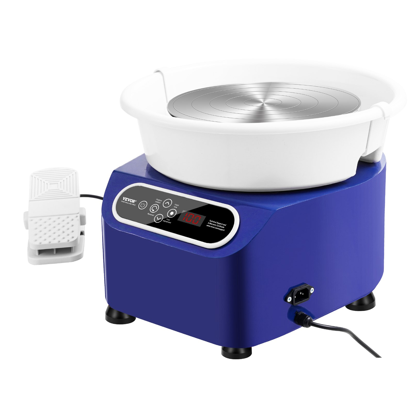 Blue VEVOR pottery wheel with 11-inch ceramic forming surface, foot pedal, LCD touch screen, and shaping tools for DIY art and craft.